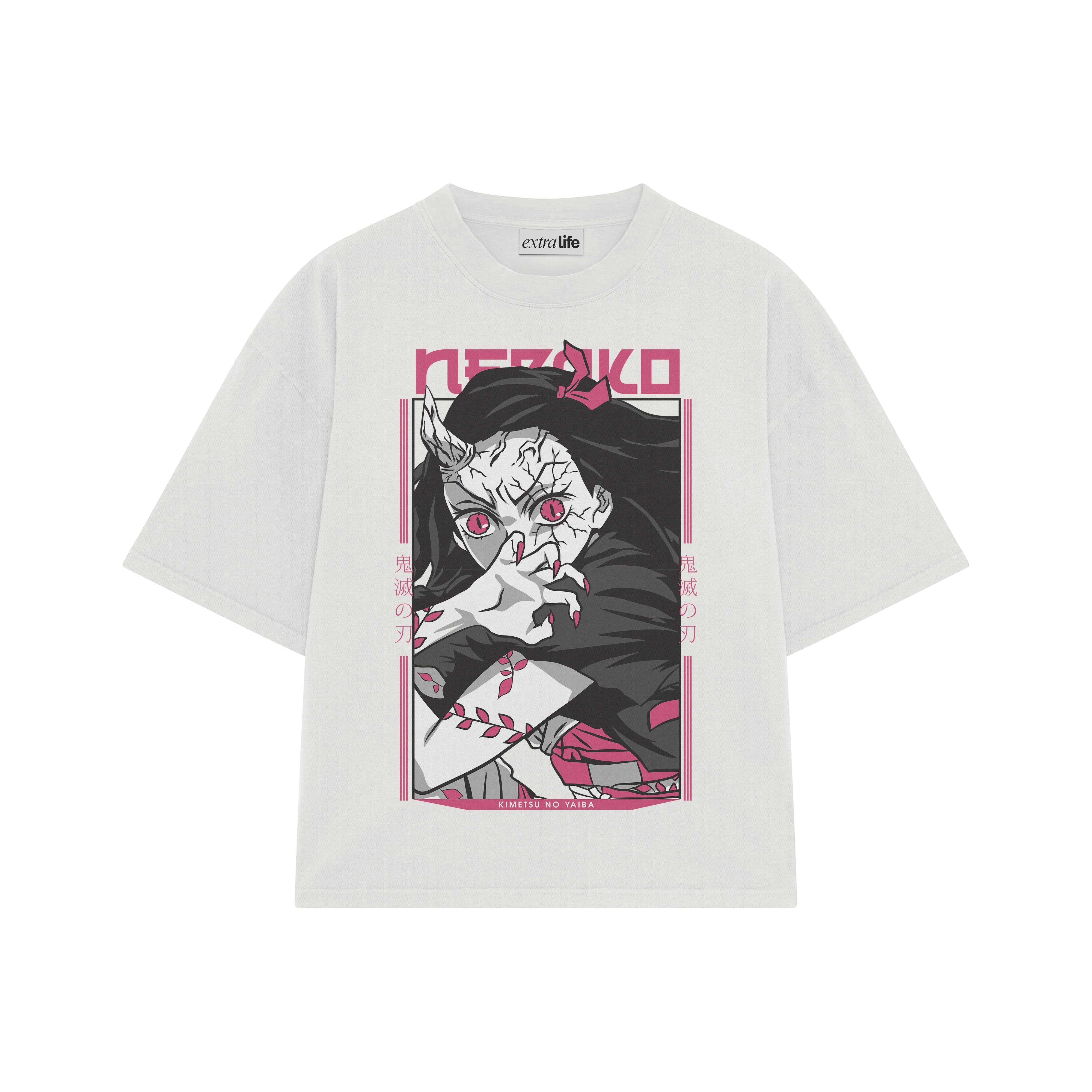 Playera streetwear premium de anime y gaming ExtraLife MX, corte boxy oversized drop shoulder heavyweight en color Deep Black y Off-White, moda urbana mexicana de culto.