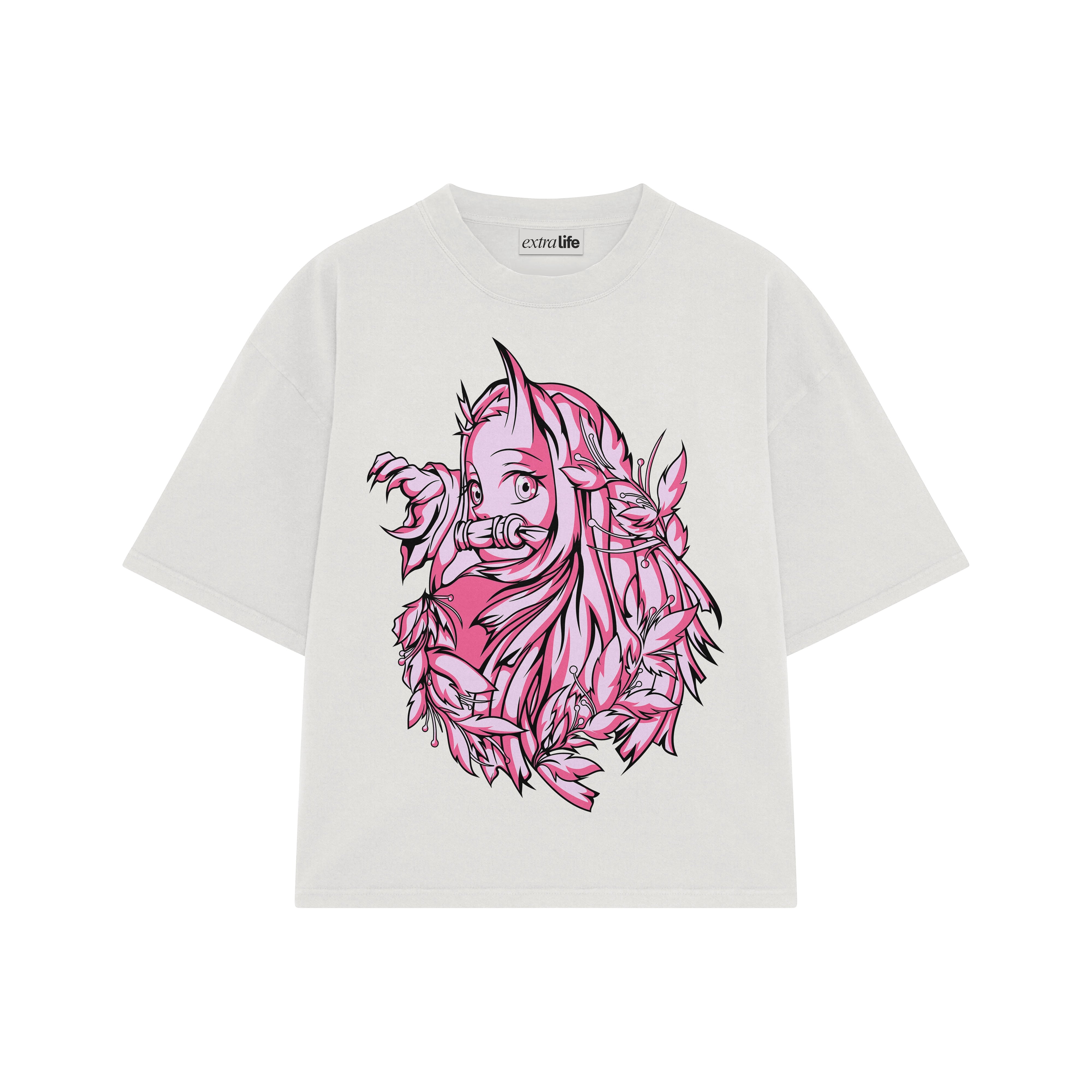 Playera streetwear premium de anime y gaming ExtraLife MX, corte boxy oversized drop shoulder heavyweight en color Deep Black y Off-White, moda urbana mexicana de culto.