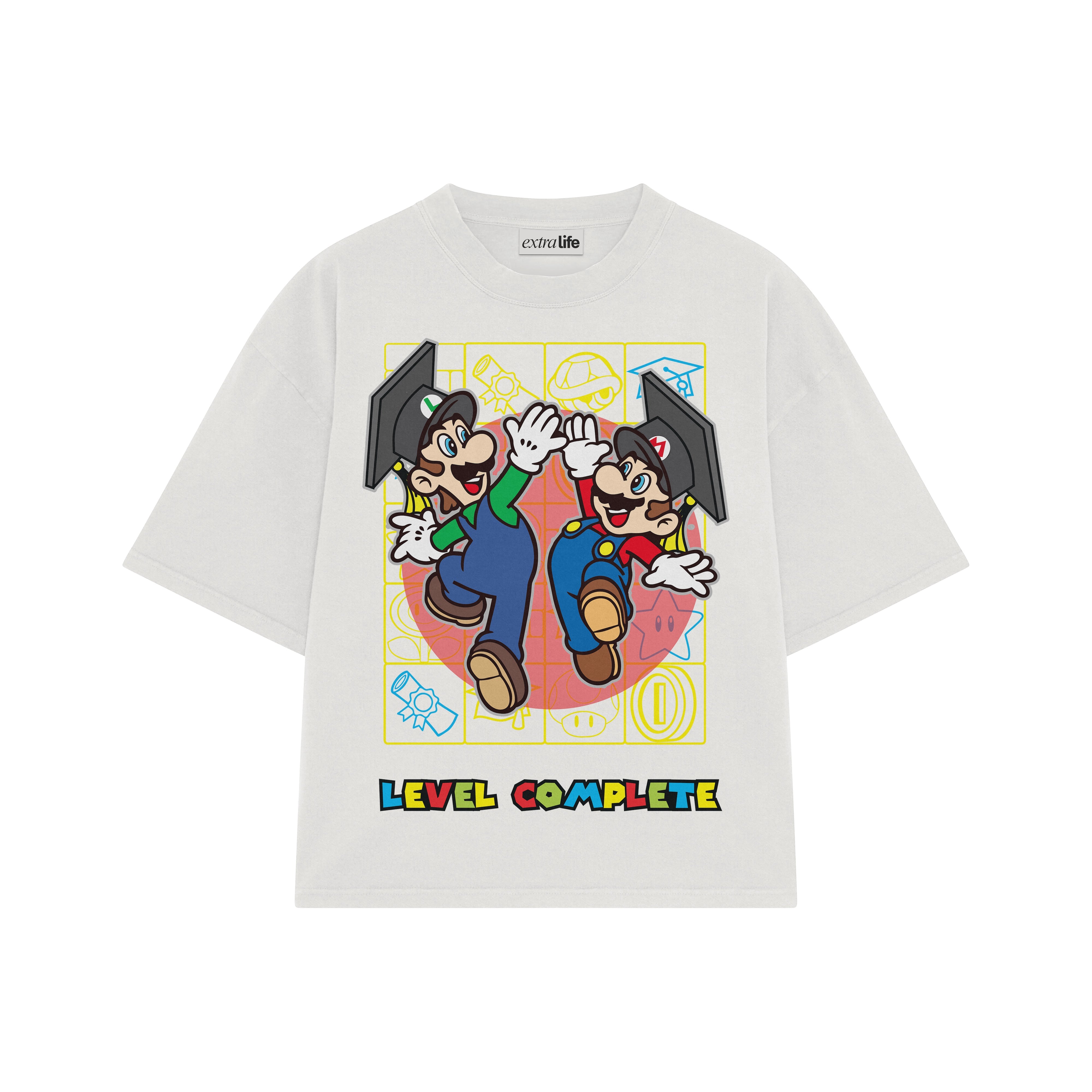 Playera streetwear premium de anime y gaming ExtraLife MX, corte boxy oversized drop shoulder heavyweight en color Deep Black y Off-White, moda urbana mexicana de culto.