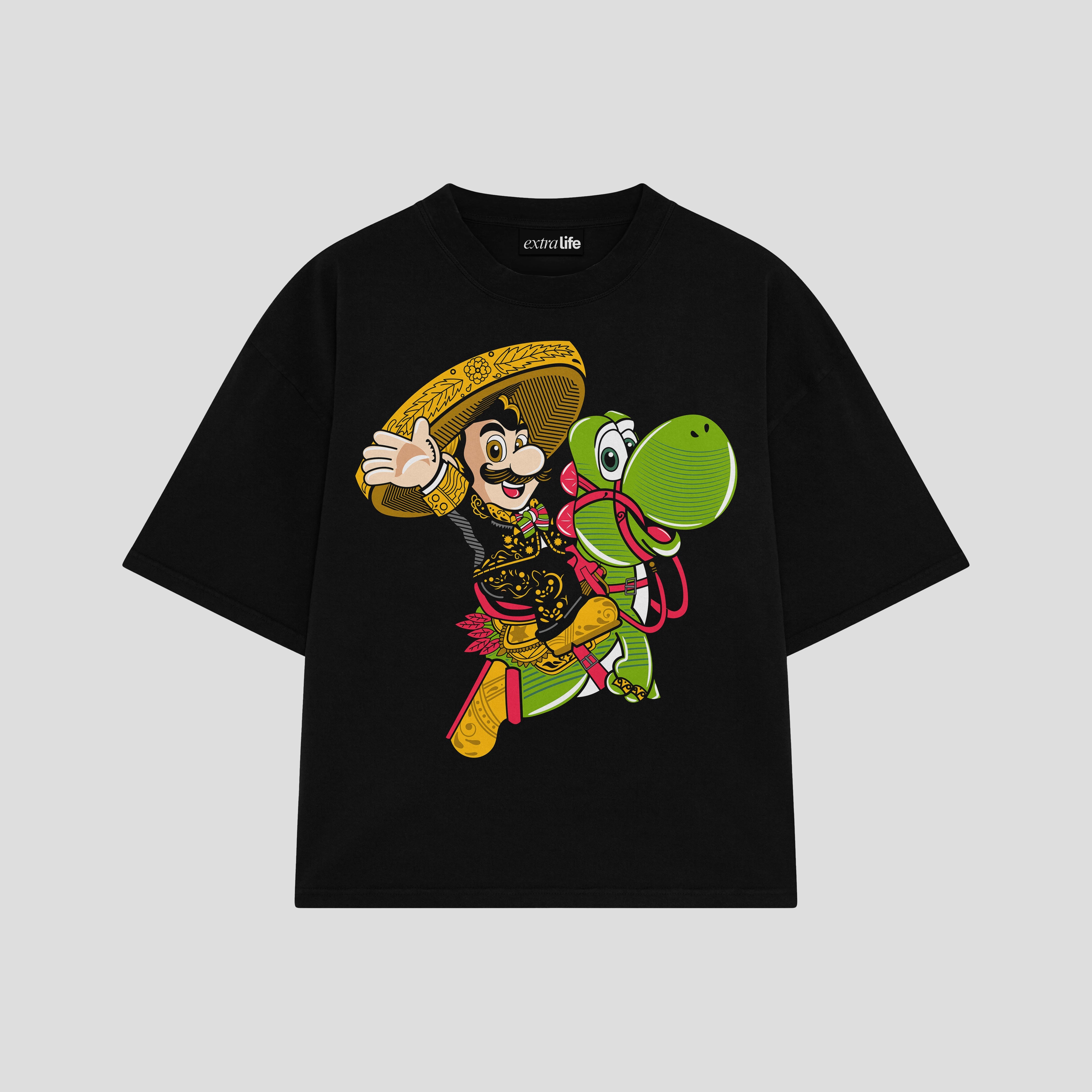 Playera streetwear premium de anime y gaming ExtraLife MX, corte boxy oversized drop shoulder heavyweight en color Deep Black y Off-White, moda urbana mexicana de culto.