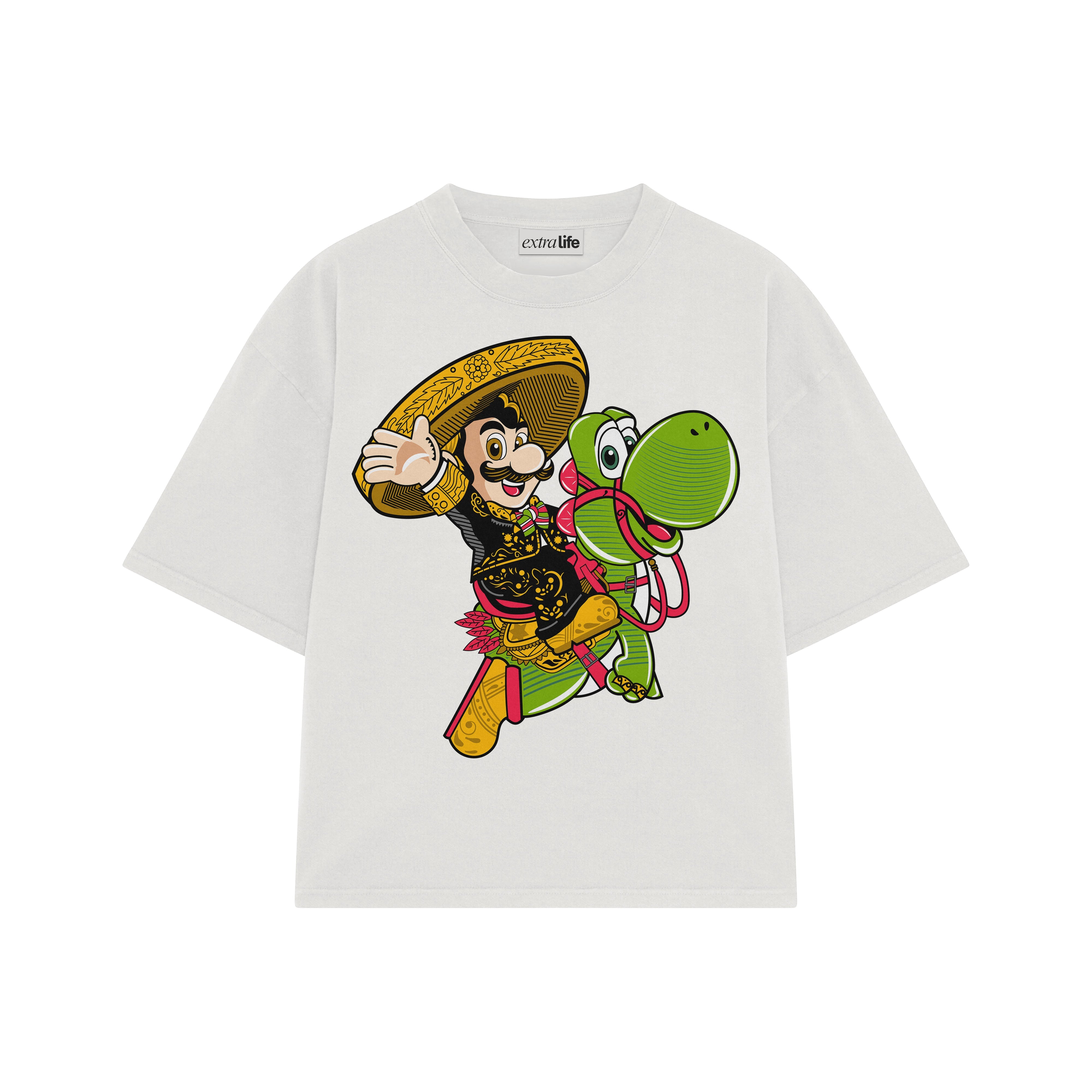 Playera streetwear premium de anime y gaming ExtraLife MX, corte boxy oversized drop shoulder heavyweight en color Deep Black y Off-White, moda urbana mexicana de culto.