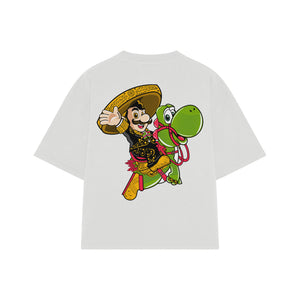Playera streetwear premium de anime y gaming ExtraLife MX, corte boxy oversized drop shoulder heavyweight en color Deep Black y Off-White, moda urbana mexicana de culto.