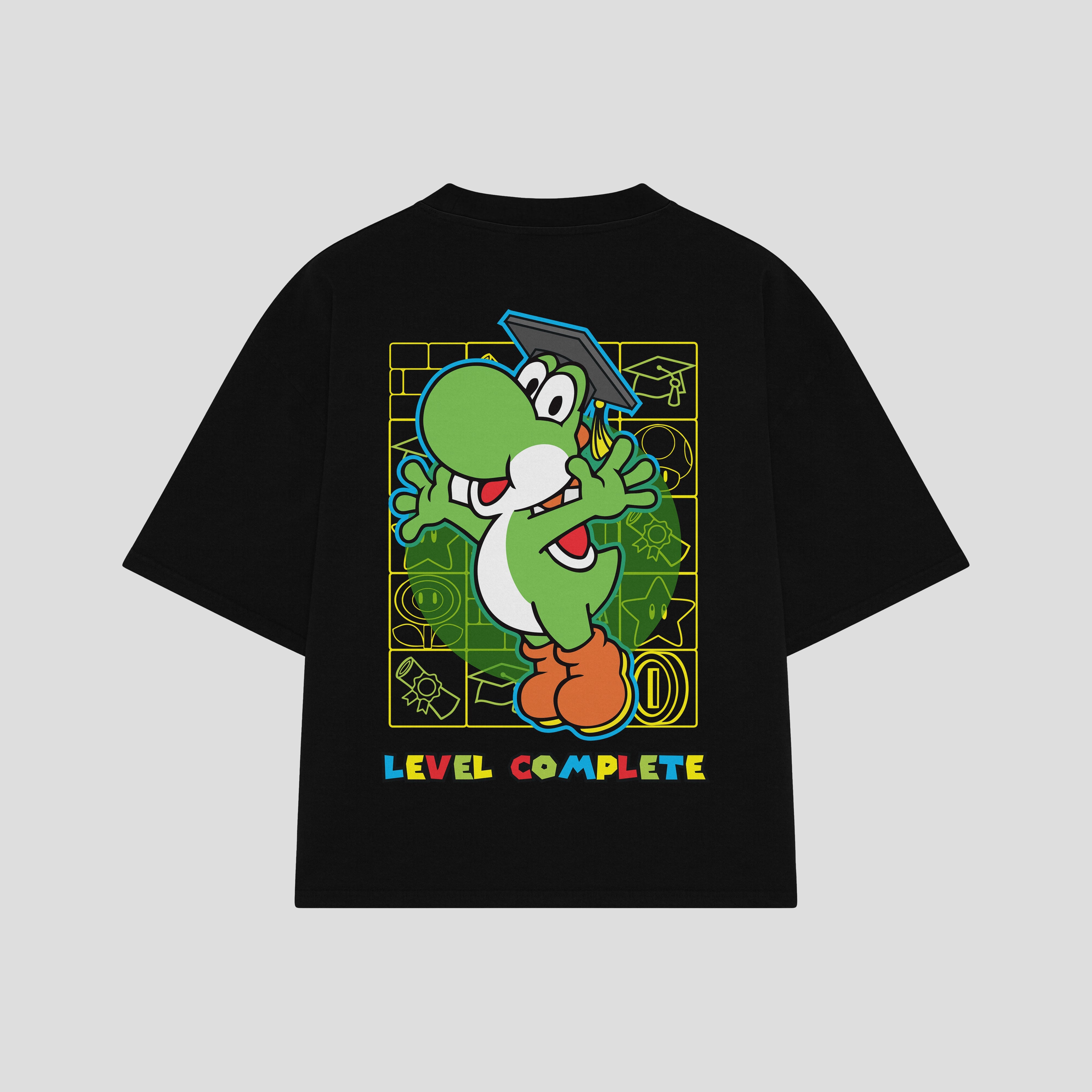 Playera streetwear premium de anime y gaming ExtraLife MX, corte boxy oversized drop shoulder heavyweight en color Deep Black y Off-White, moda urbana mexicana de culto.