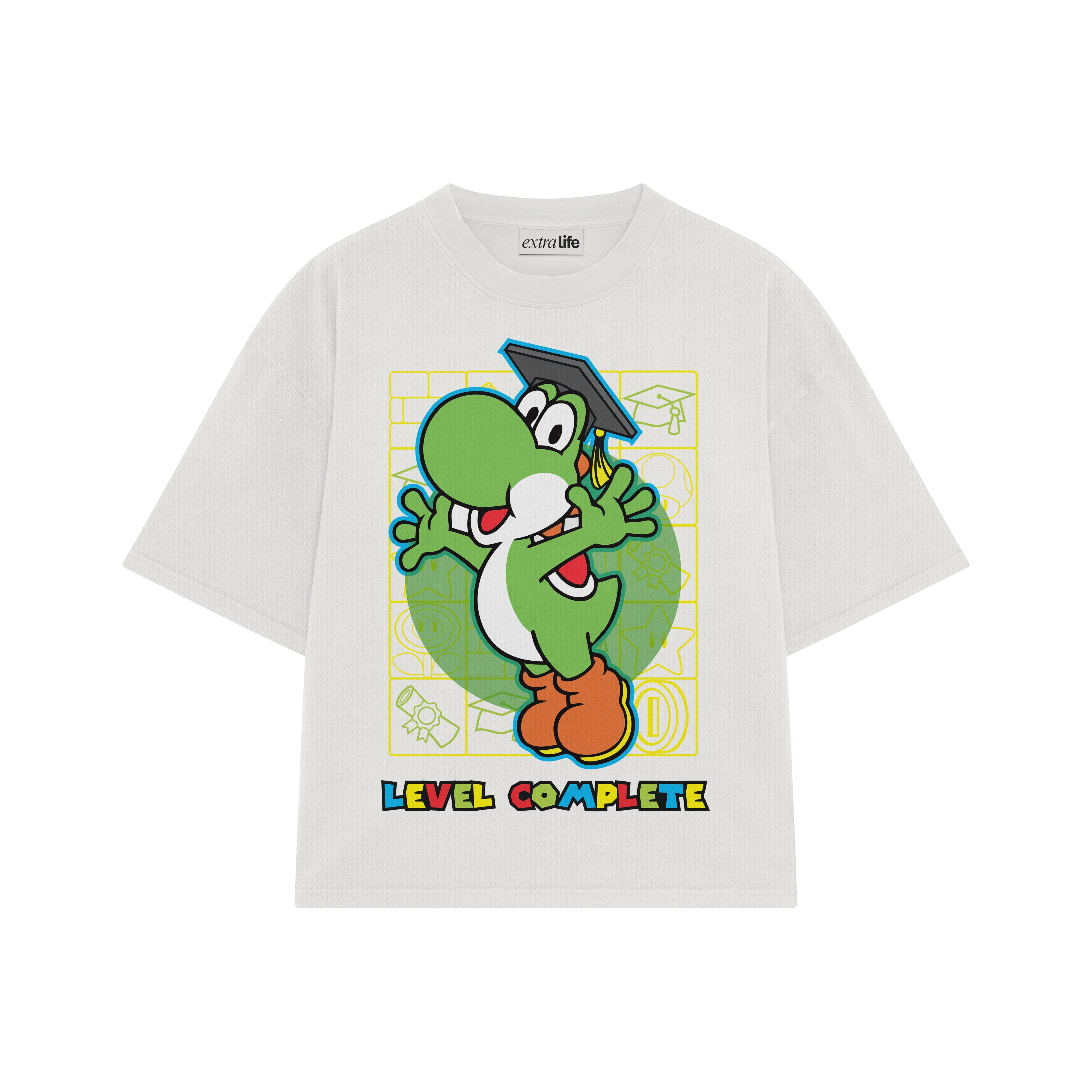 Playera streetwear premium de anime y gaming ExtraLife MX, corte boxy oversized drop shoulder heavyweight en color Deep Black y Off-White, moda urbana mexicana de culto.