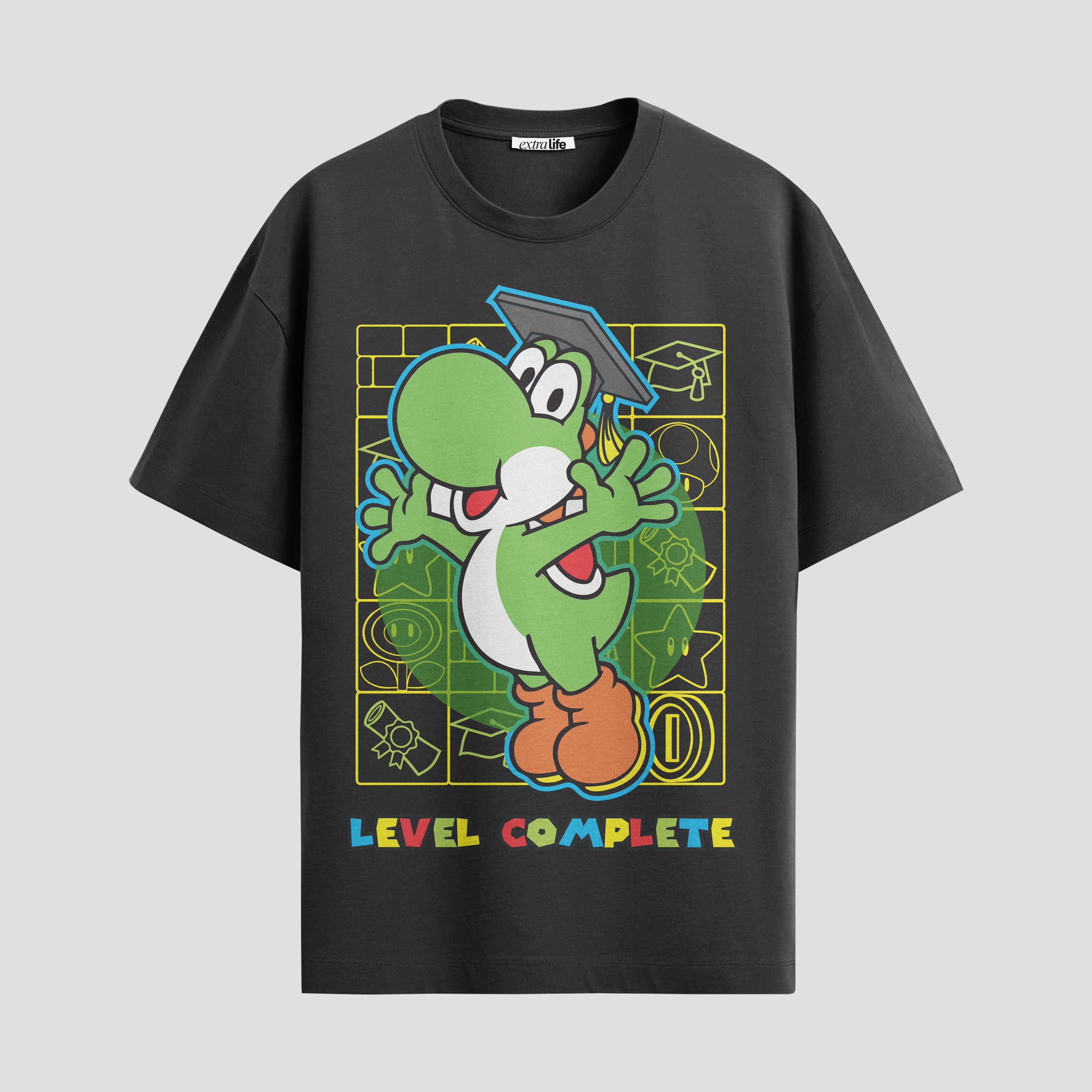 Playera urbana de anime y gaming ExtraLife MX, corte Standard Fit unisex ligero y transpirable en color Deep Black y Pure White, ropa de uso diario para gym y casual.