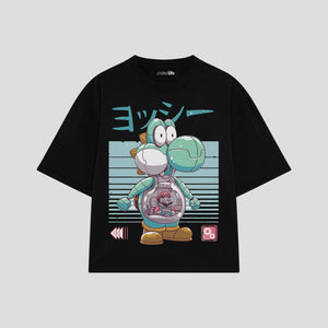Playera streetwear premium de anime y gaming ExtraLife MX, corte boxy oversized drop shoulder heavyweight en color Deep Black y Off-White, moda urbana mexicana de culto.