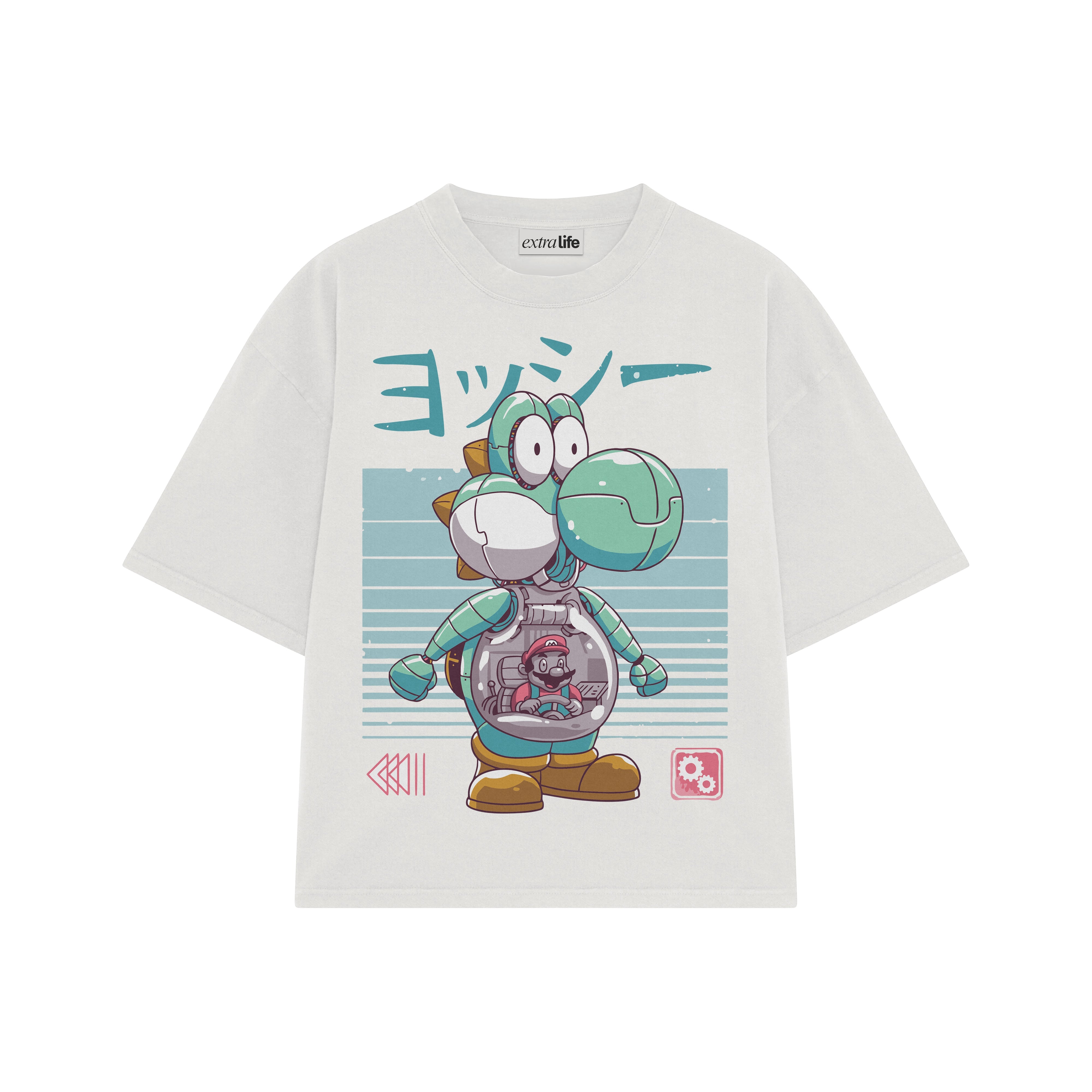 Playera streetwear premium de anime y gaming ExtraLife MX, corte boxy oversized drop shoulder heavyweight en color Deep Black y Off-White, moda urbana mexicana de culto.