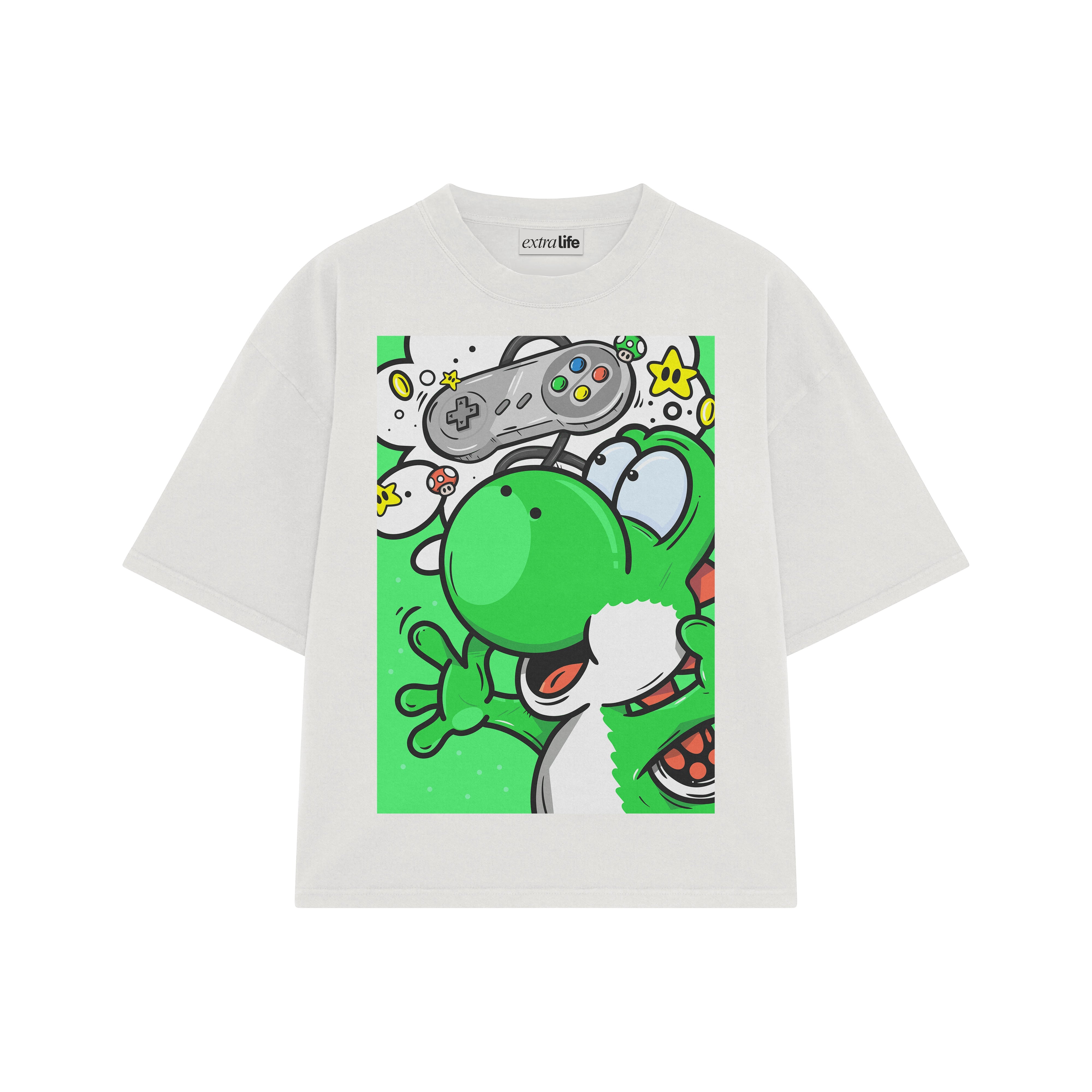 Playera streetwear premium de anime y gaming ExtraLife MX, corte boxy oversized drop shoulder heavyweight en color Deep Black y Off-White, moda urbana mexicana de culto.
