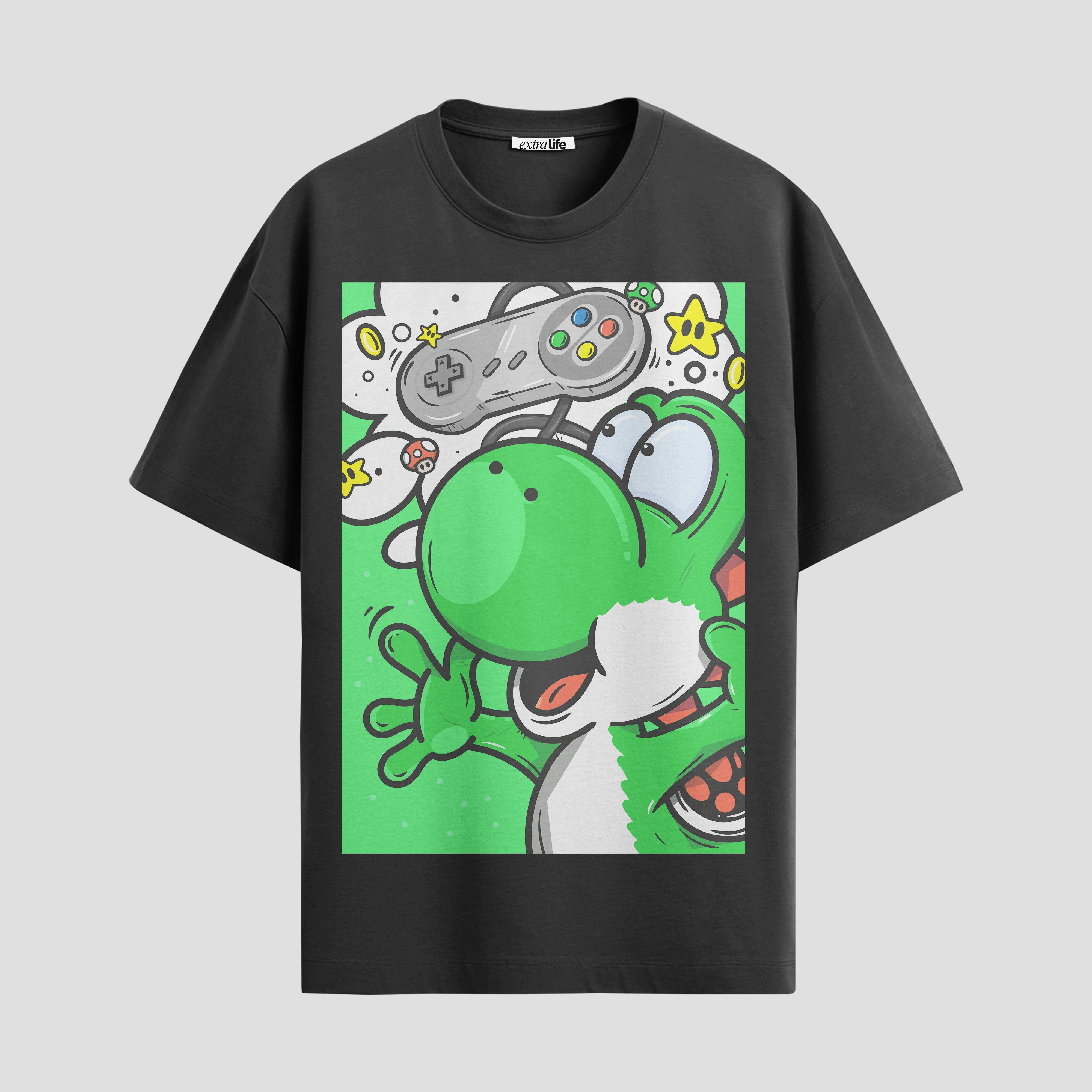 Playera urbana de anime y gaming ExtraLife MX, corte Standard Fit unisex ligero y transpirable en color Deep Black y Pure White, ropa de uso diario para gym y casual.
