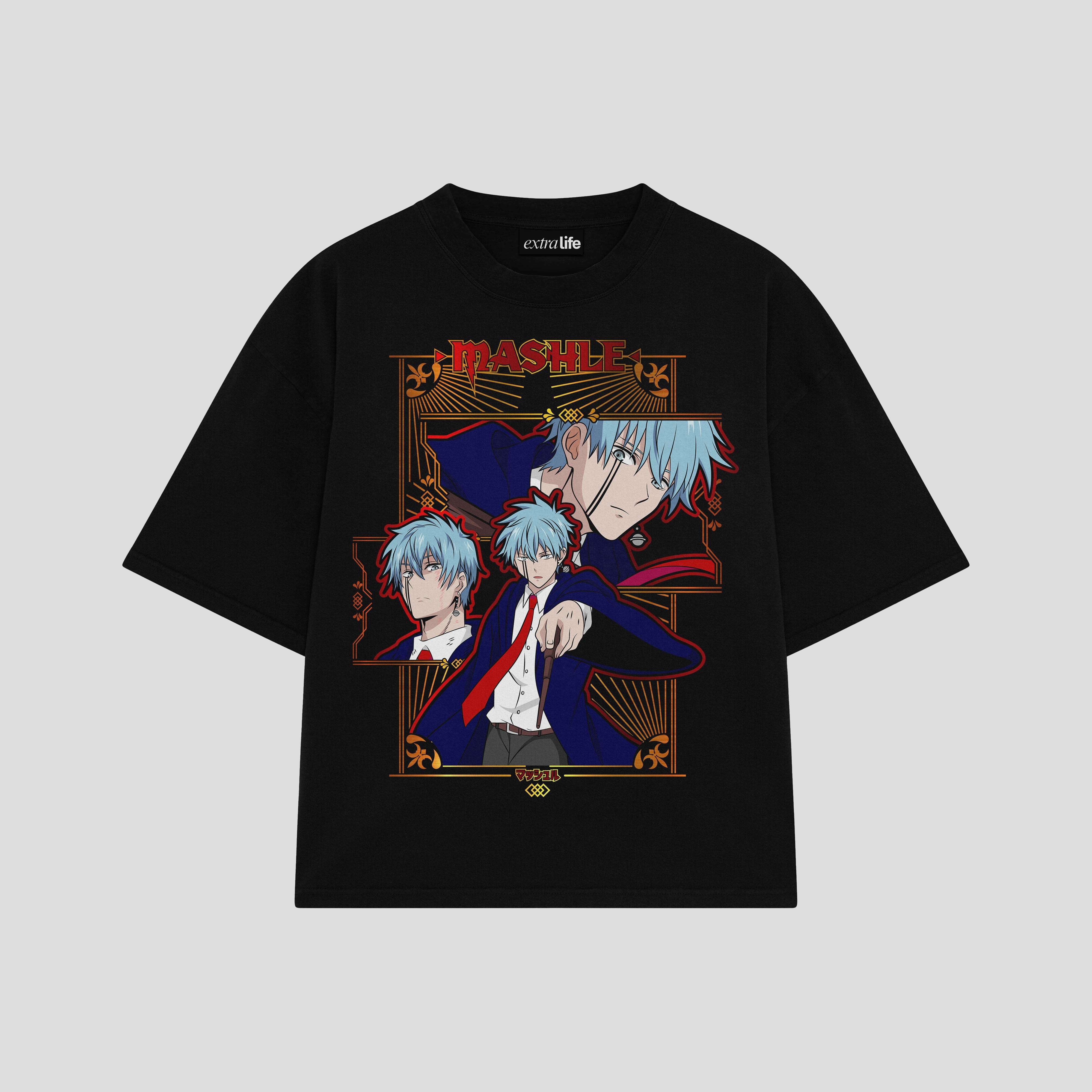 Playera streetwear premium de anime y gaming ExtraLife MX, corte boxy oversized drop shoulder heavyweight en color Deep Black y Off-White, moda urbana mexicana de culto.