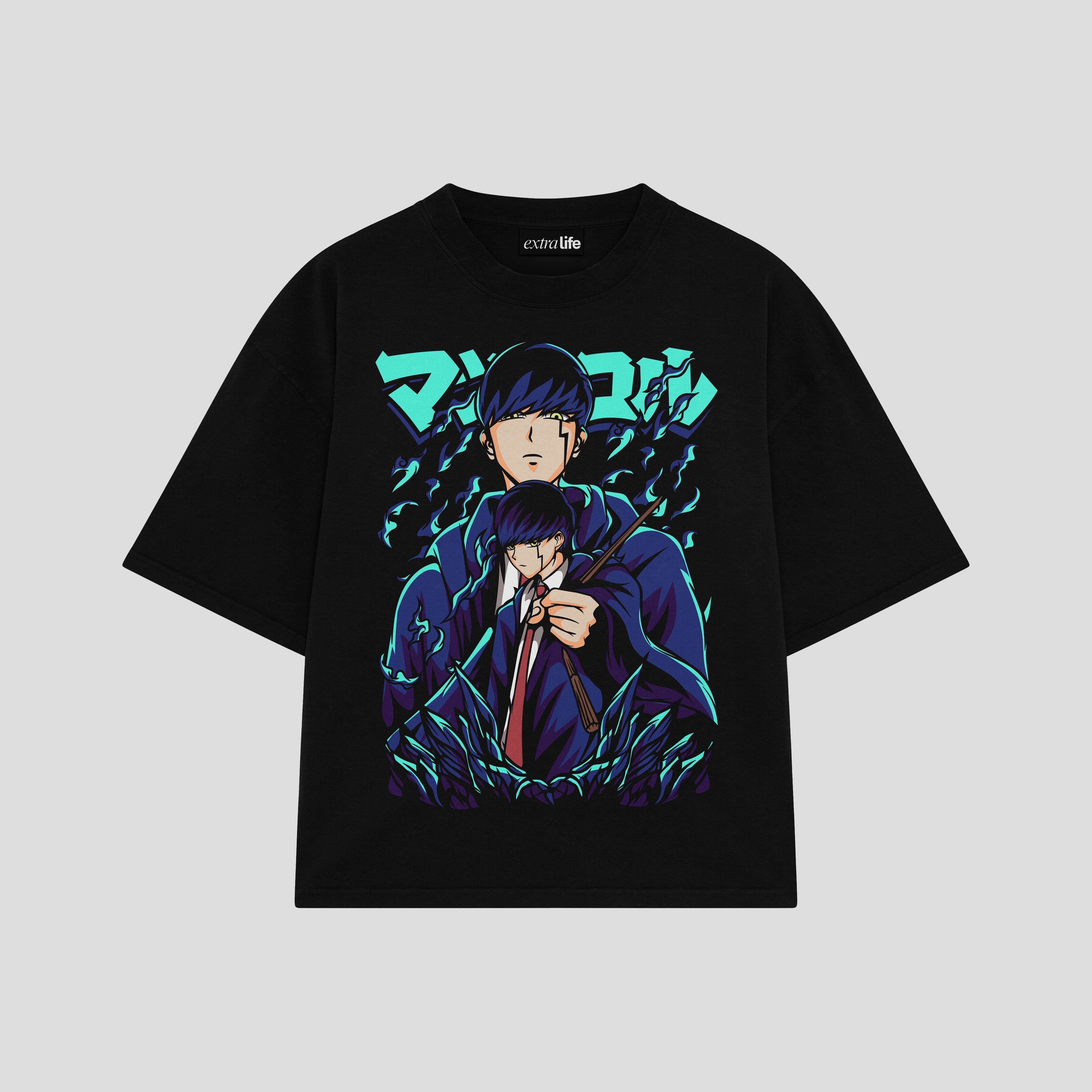 Playera streetwear premium de anime y gaming ExtraLife MX, corte boxy oversized drop shoulder heavyweight en color Deep Black y Off-White, moda urbana mexicana de culto.