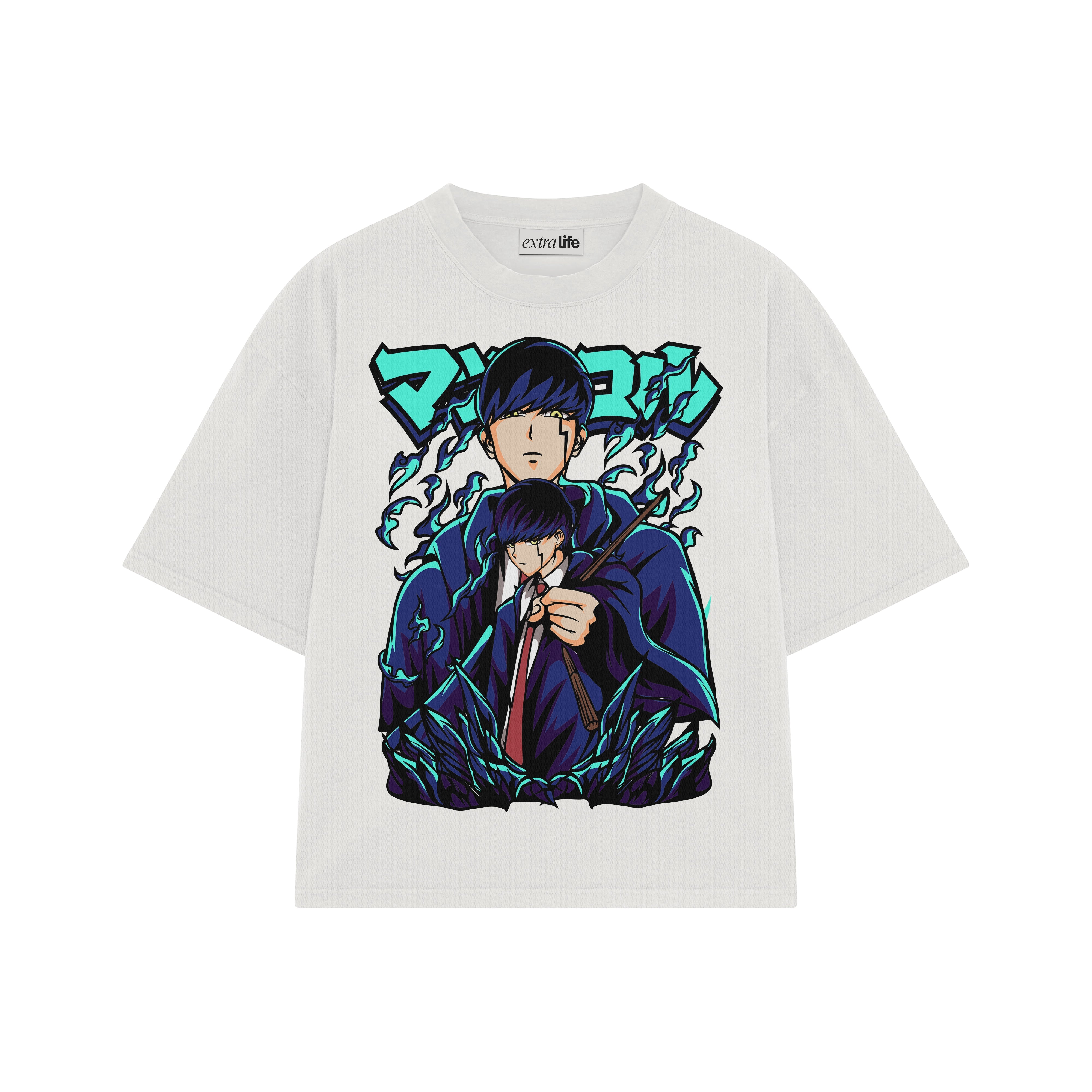 Playera streetwear premium de anime y gaming ExtraLife MX, corte boxy oversized drop shoulder heavyweight en color Deep Black y Off-White, moda urbana mexicana de culto.