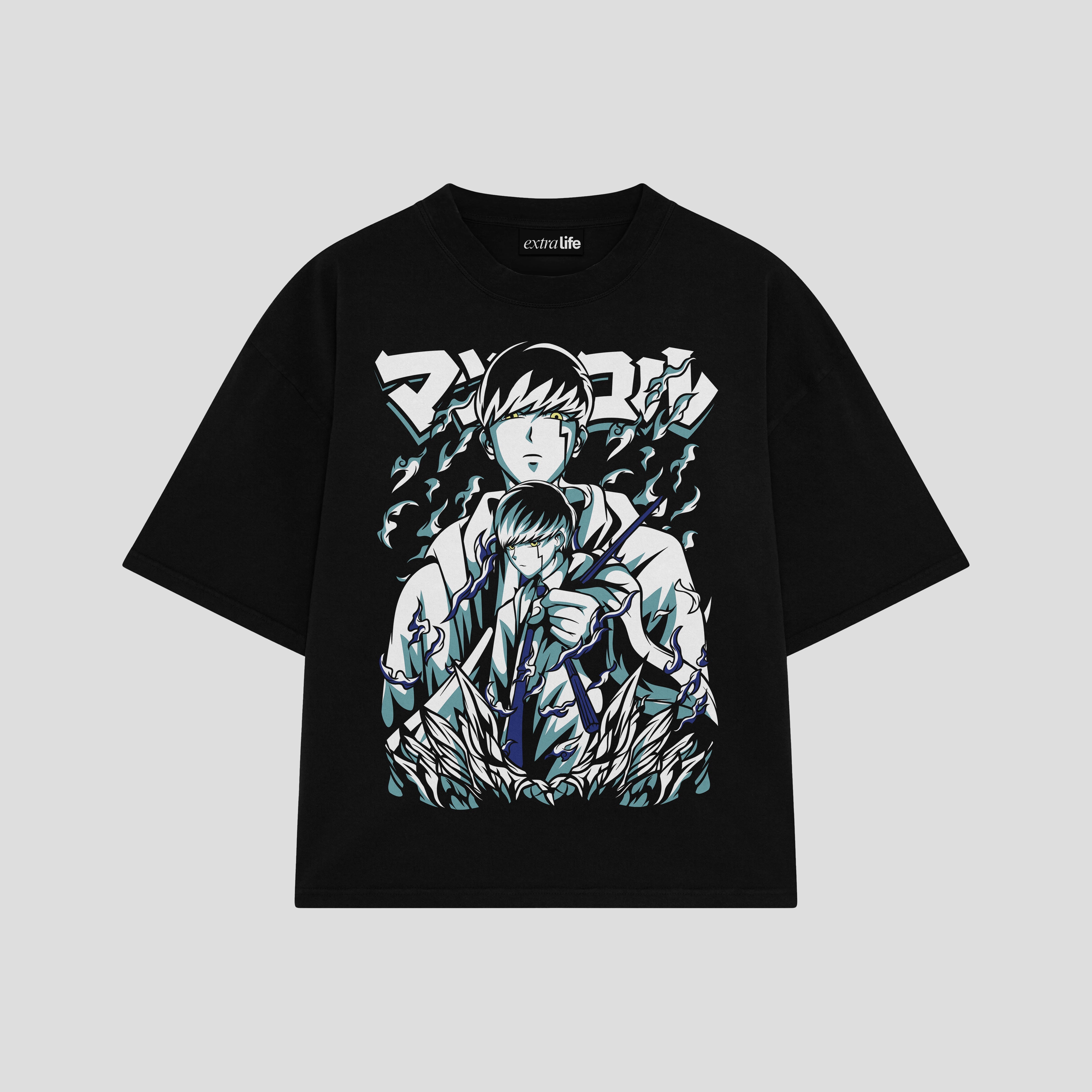 Playera streetwear premium de anime y gaming ExtraLife MX, corte boxy oversized drop shoulder heavyweight en color Deep Black y Off-White, moda urbana mexicana de culto.