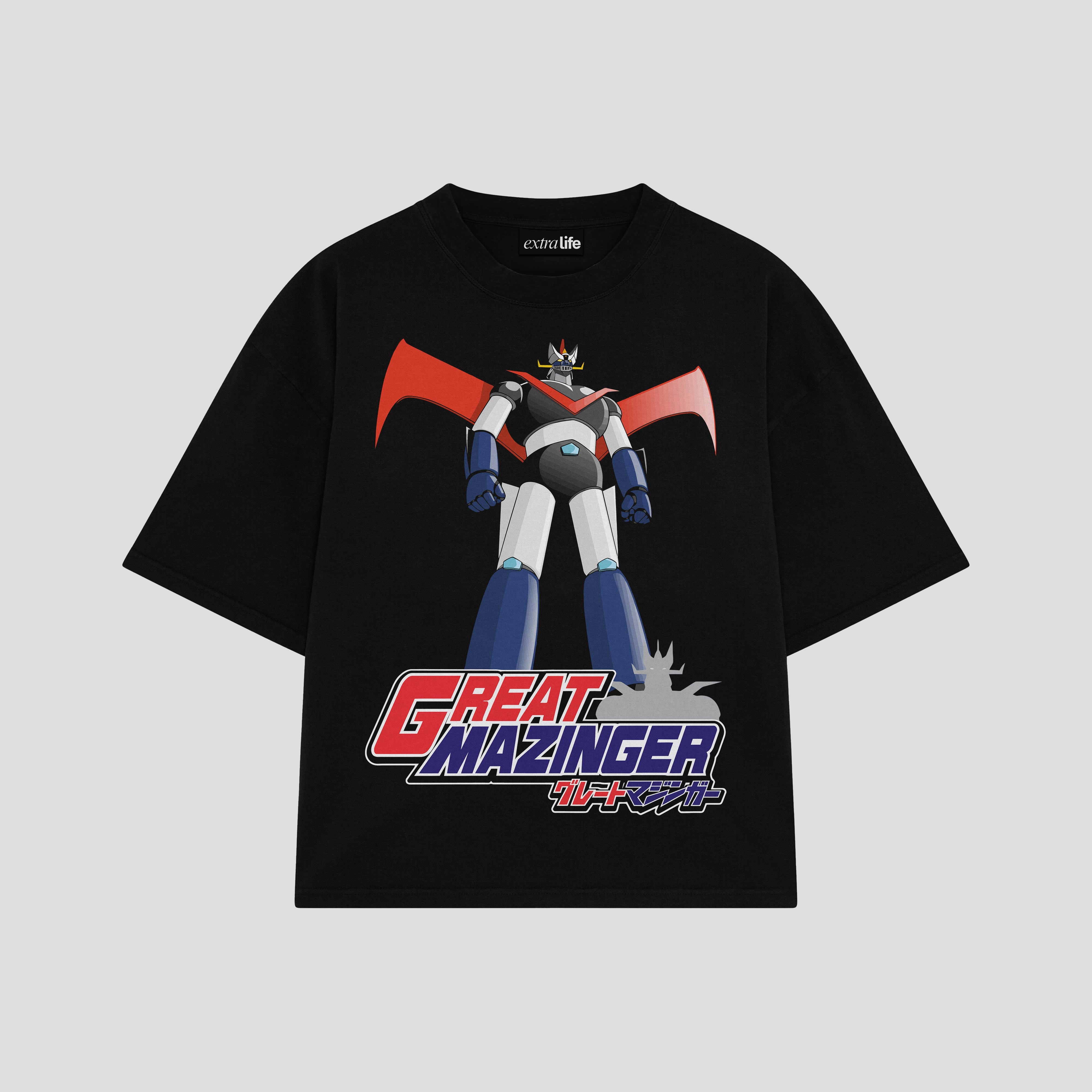 Playera streetwear premium de anime y gaming ExtraLife MX, corte boxy oversized drop shoulder heavyweight en color Deep Black y Off-White, moda urbana mexicana de culto.