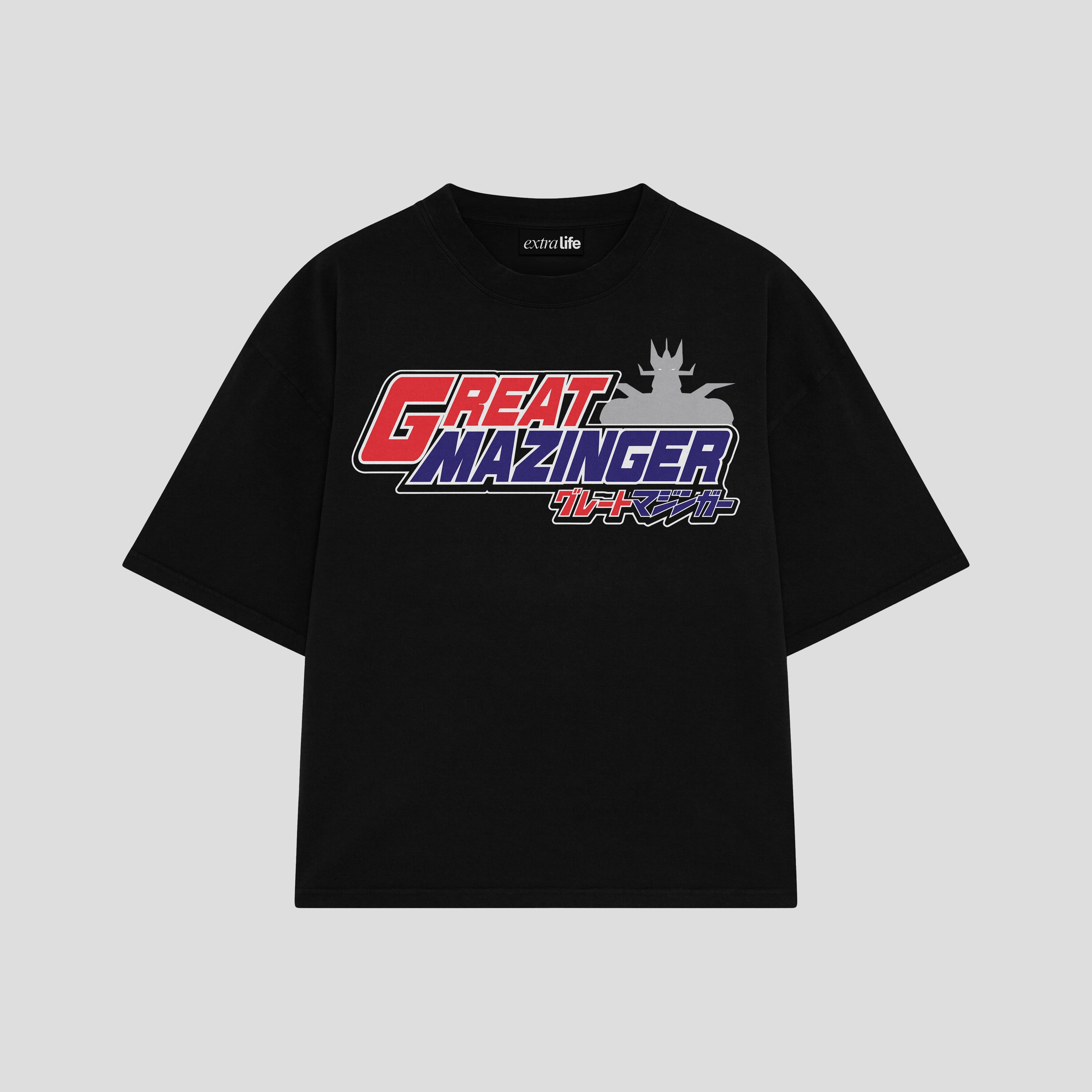 Playera streetwear premium de anime y gaming ExtraLife MX, corte boxy oversized drop shoulder heavyweight en color Deep Black y Off-White, moda urbana mexicana de culto.