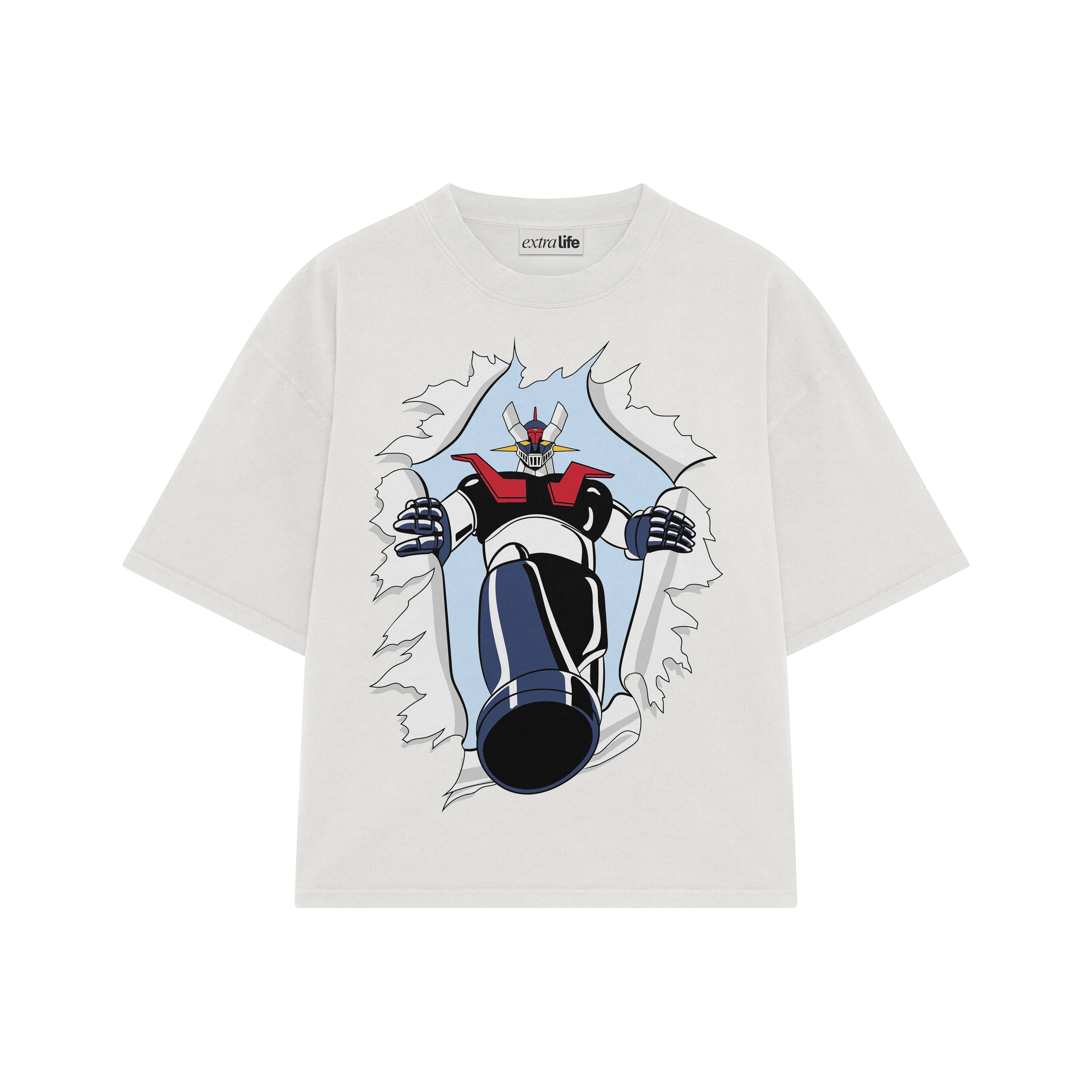 Playera streetwear premium de anime y gaming ExtraLife MX, corte boxy oversized drop shoulder heavyweight en color Deep Black y Off-White, moda urbana mexicana de culto.