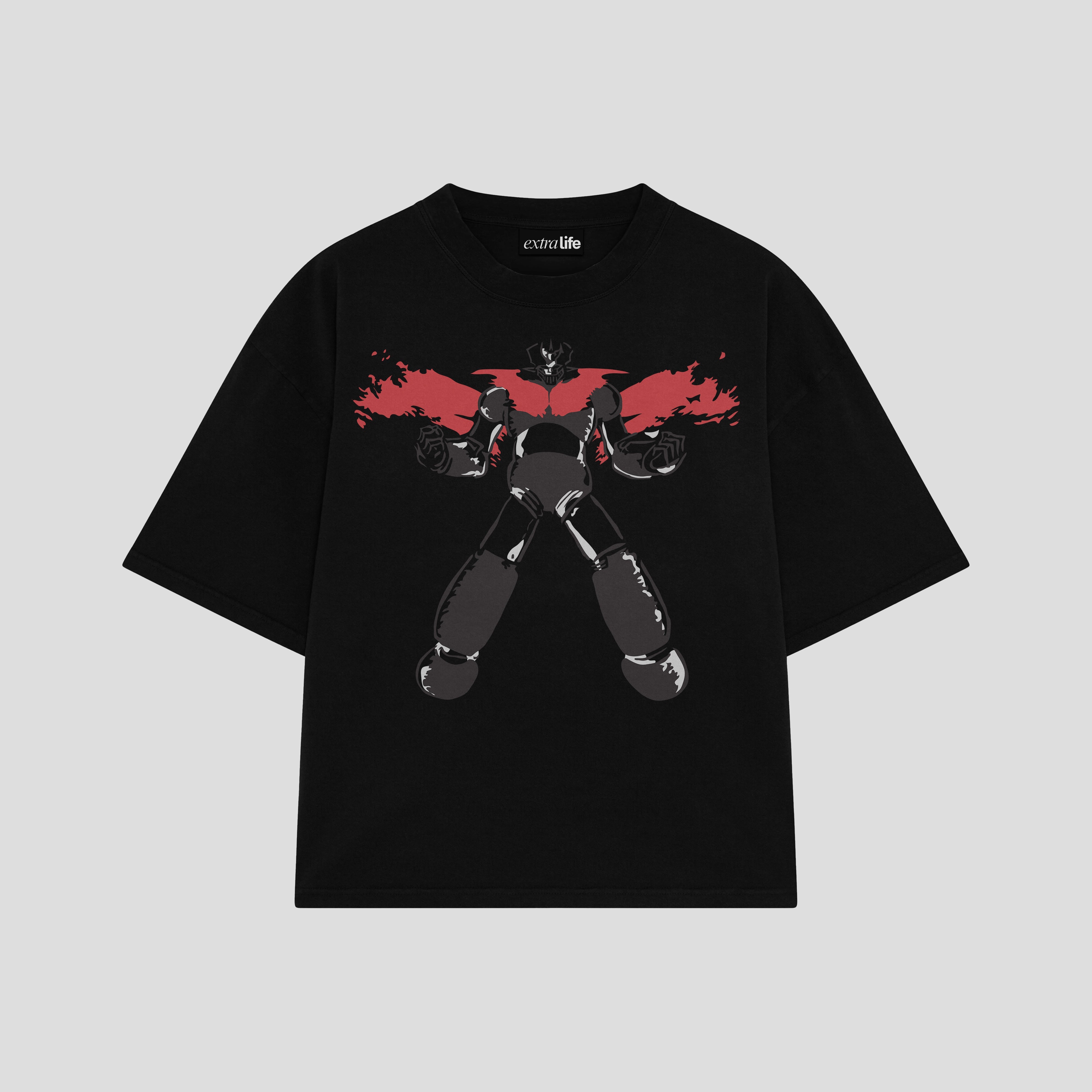 Playera streetwear premium de anime y gaming ExtraLife MX, corte boxy oversized drop shoulder heavyweight en color Deep Black y Off-White, moda urbana mexicana de culto.