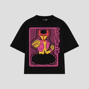 Playera streetwear premium de anime y gaming ExtraLife MX, corte boxy oversized drop shoulder heavyweight en color Deep Black y Off-White, moda urbana mexicana de culto.