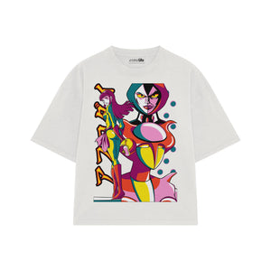 Playera streetwear premium de anime y gaming ExtraLife MX, corte boxy oversized drop shoulder heavyweight en color Deep Black y Off-White, moda urbana mexicana de culto.