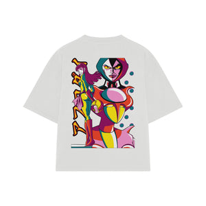 Playera streetwear premium de anime y gaming ExtraLife MX, corte boxy oversized drop shoulder heavyweight en color Deep Black y Off-White, moda urbana mexicana de culto.