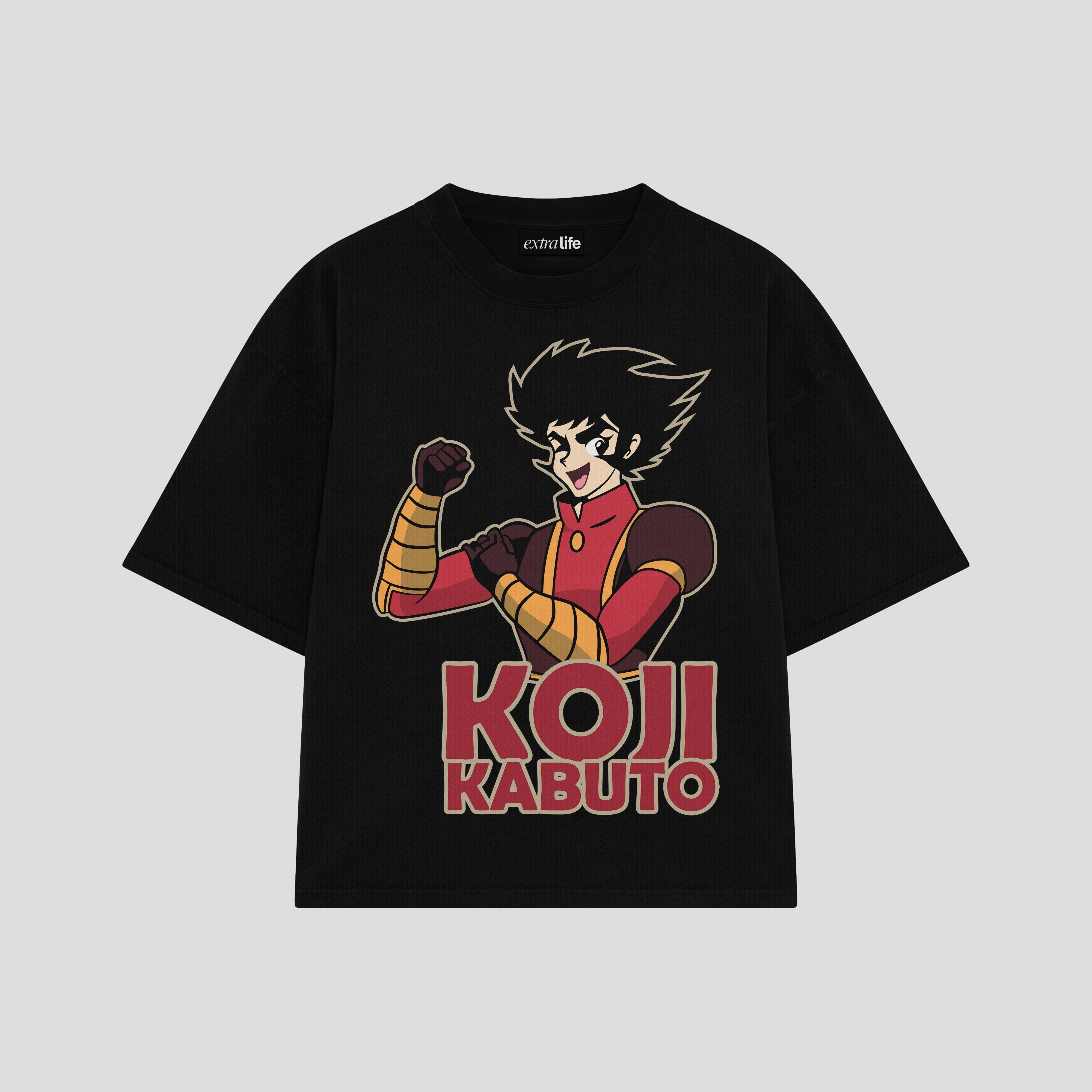 Playera streetwear premium de anime y gaming ExtraLife MX, corte boxy oversized drop shoulder heavyweight en color Deep Black y Off-White, moda urbana mexicana de culto.