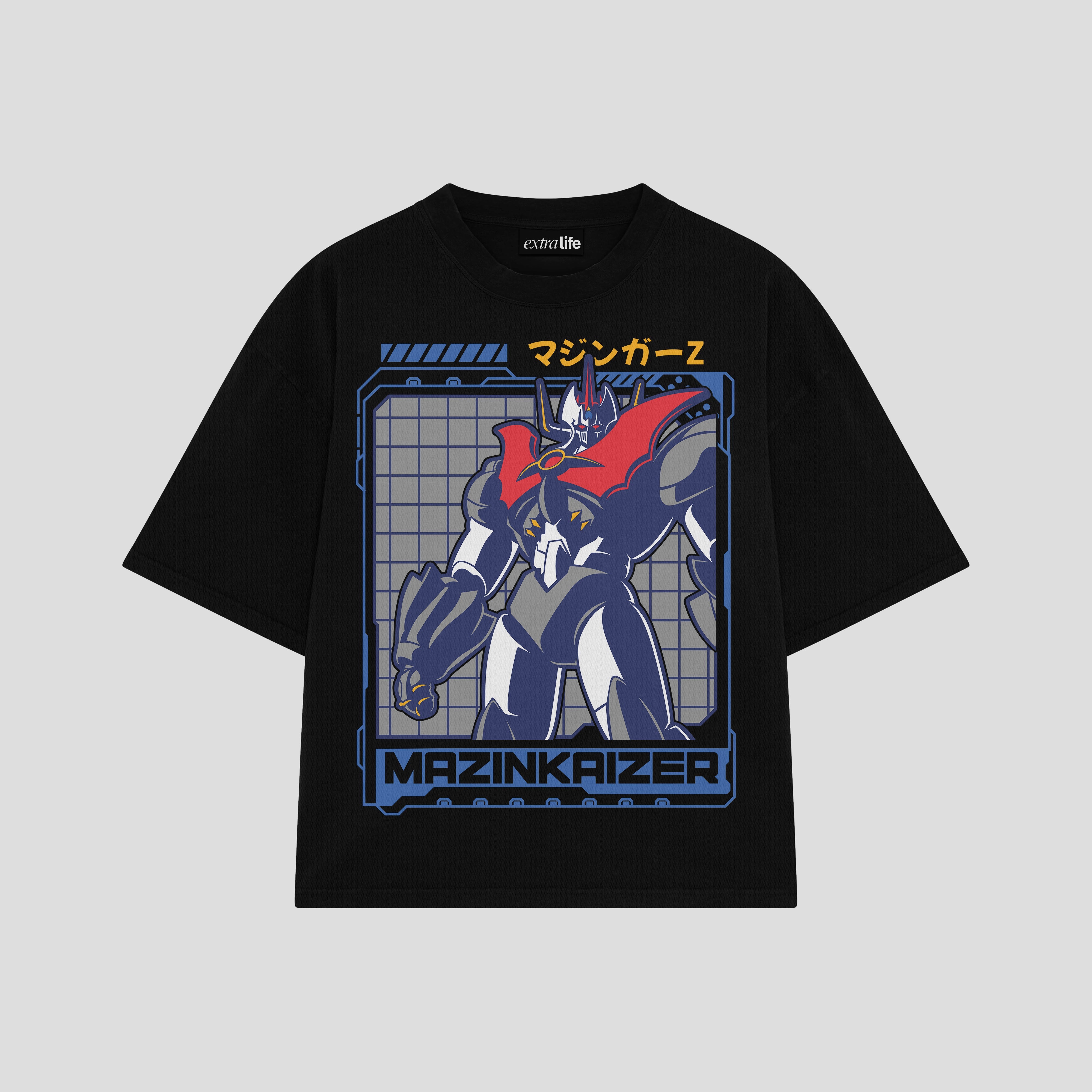 Playera streetwear premium de anime y gaming ExtraLife MX, corte boxy oversized drop shoulder heavyweight en color Deep Black y Off-White, moda urbana mexicana de culto.