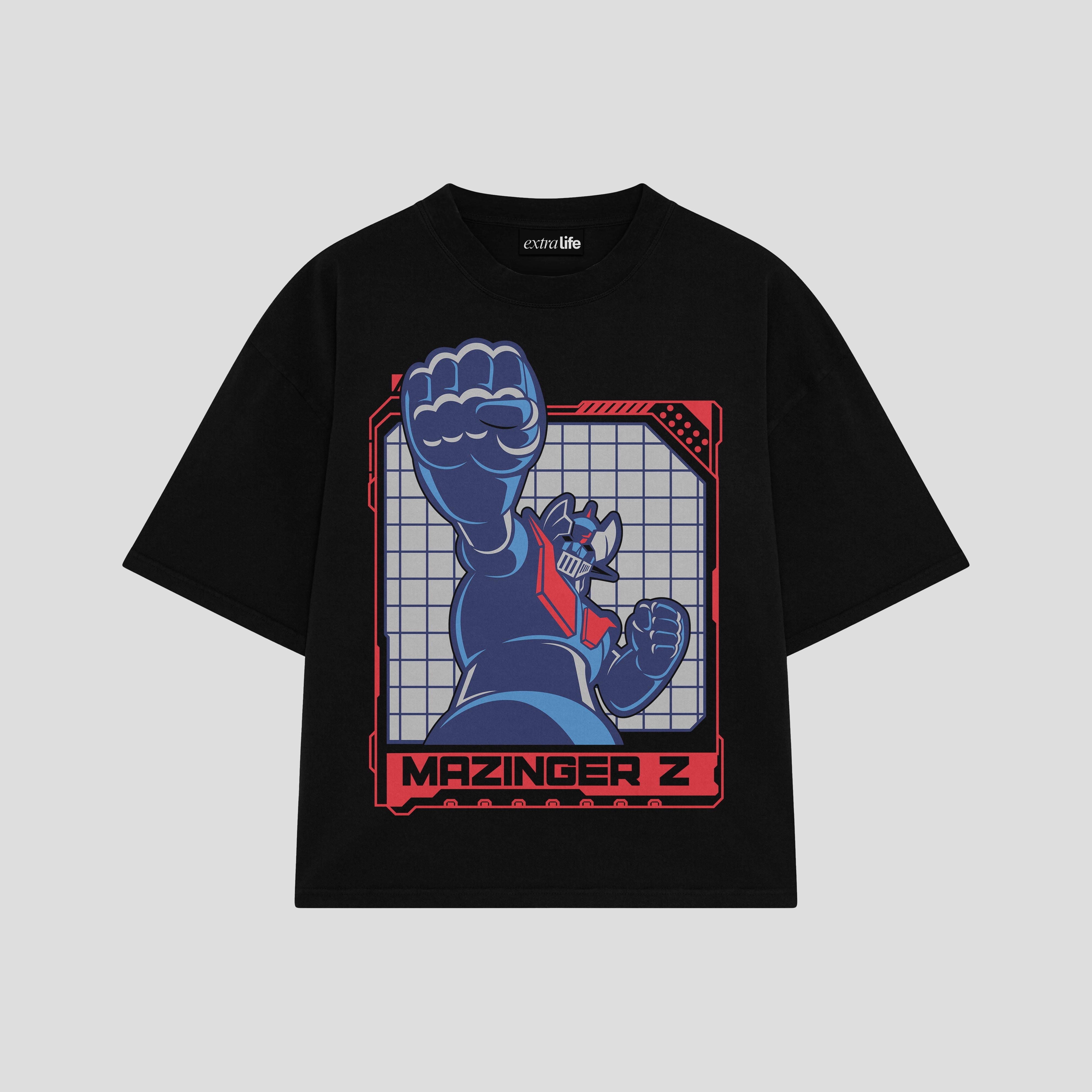 Playera streetwear premium de anime y gaming ExtraLife MX, corte boxy oversized drop shoulder heavyweight en color Deep Black y Off-White, moda urbana mexicana de culto.