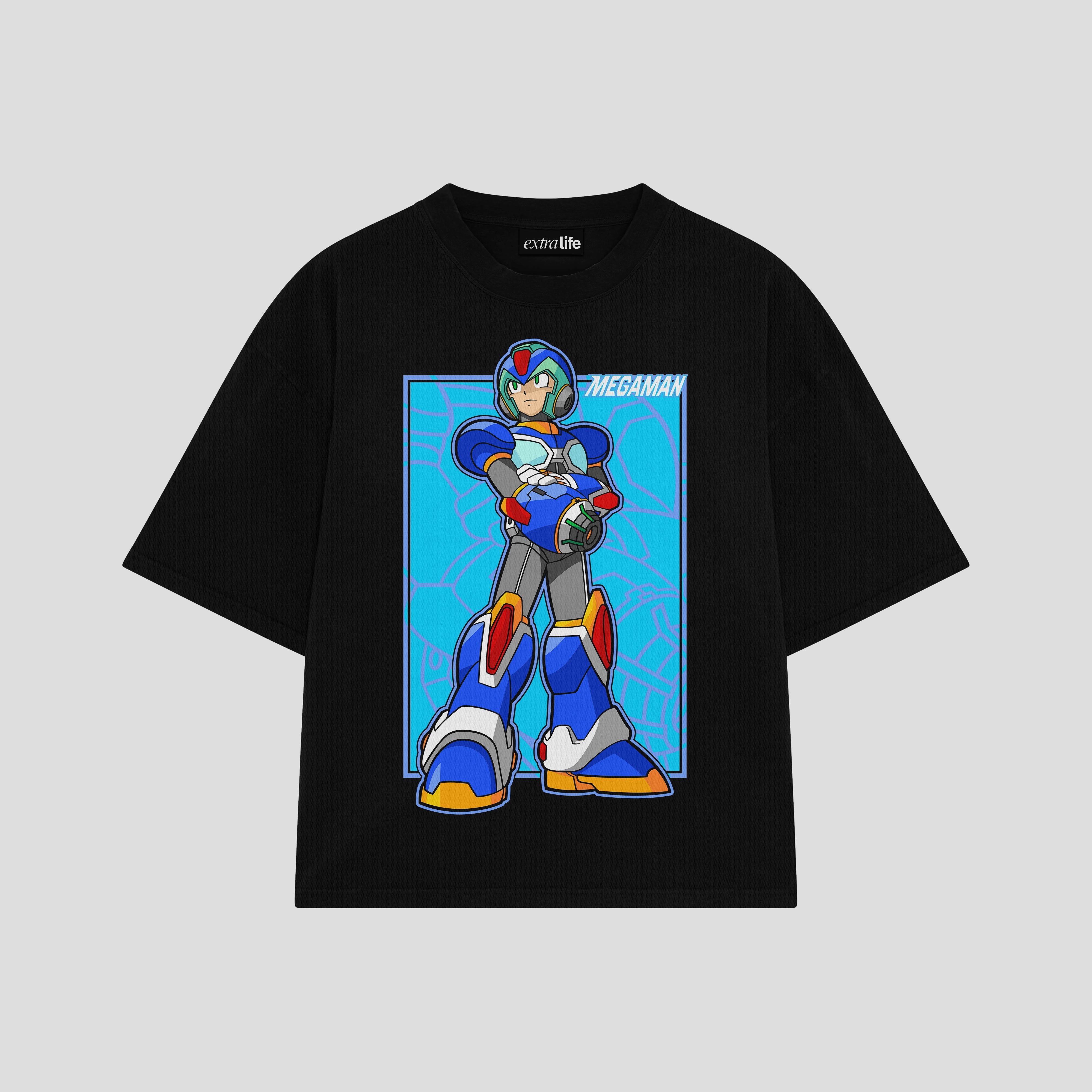 Playera streetwear premium de anime y gaming ExtraLife MX, corte boxy oversized drop shoulder heavyweight en color Deep Black y Off-White, moda urbana mexicana de culto.