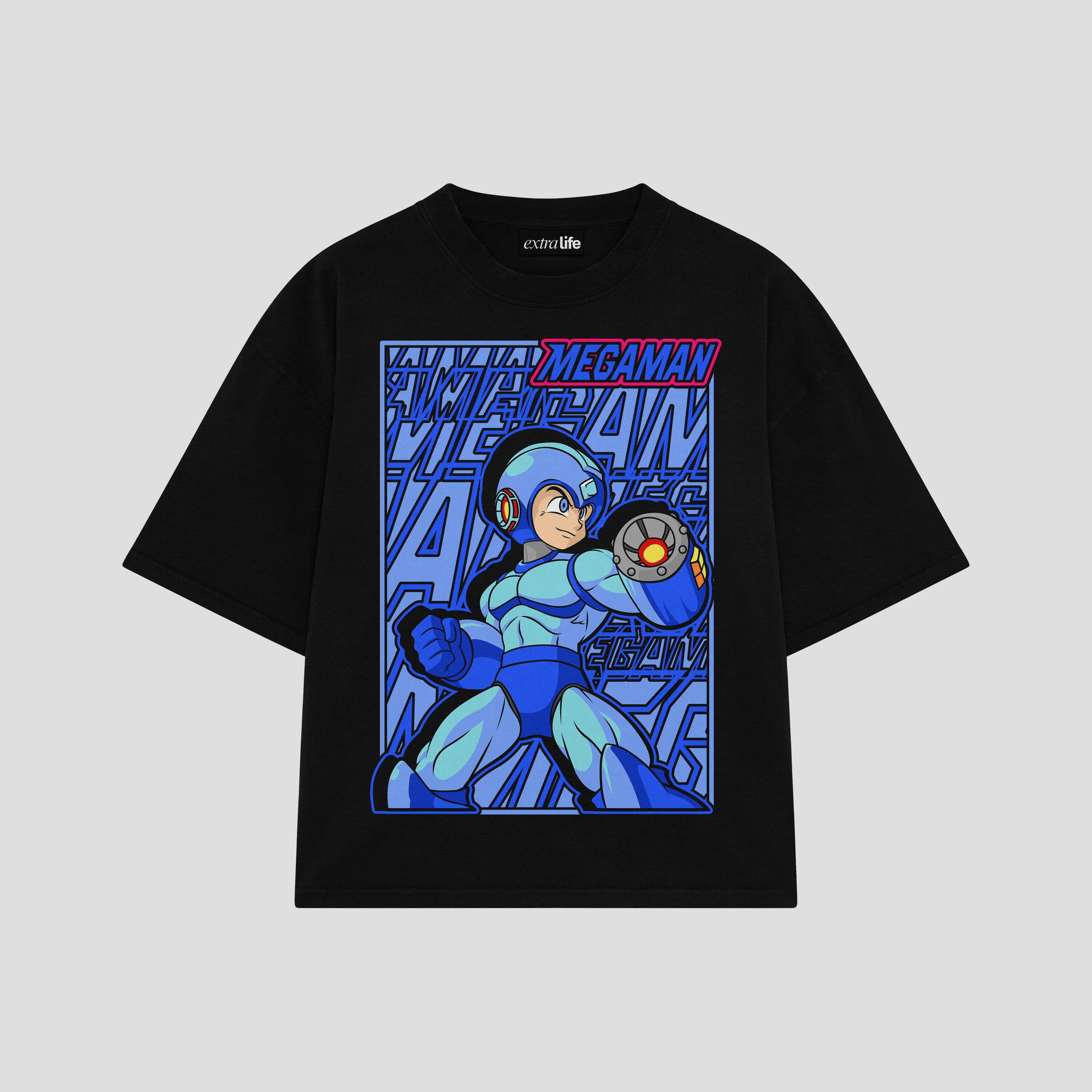 Playera streetwear premium de anime y gaming ExtraLife MX, corte boxy oversized drop shoulder heavyweight en color Deep Black y Off-White, moda urbana mexicana de culto.