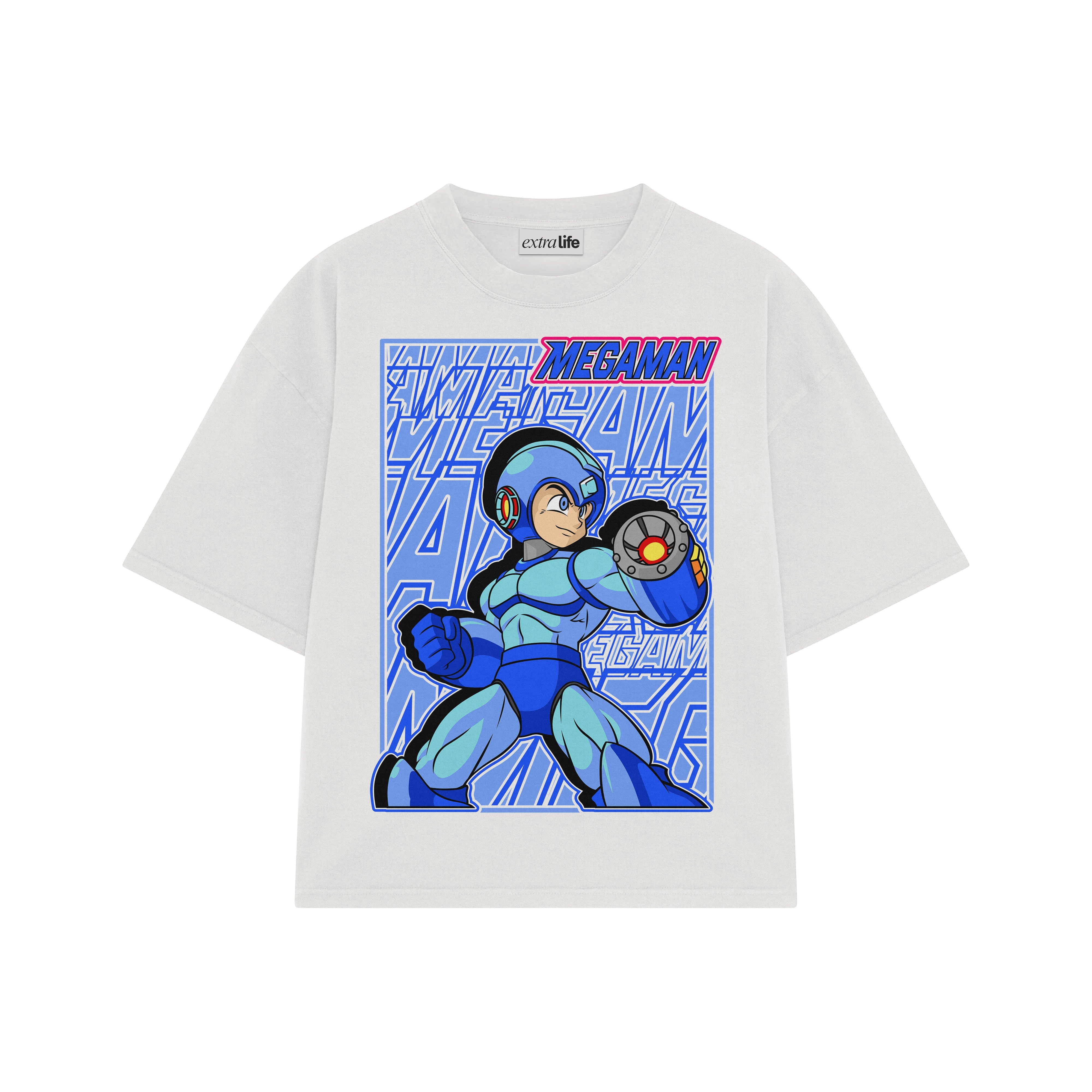 Playera streetwear premium de anime y gaming ExtraLife MX, corte boxy oversized drop shoulder heavyweight en color Deep Black y Off-White, moda urbana mexicana de culto.