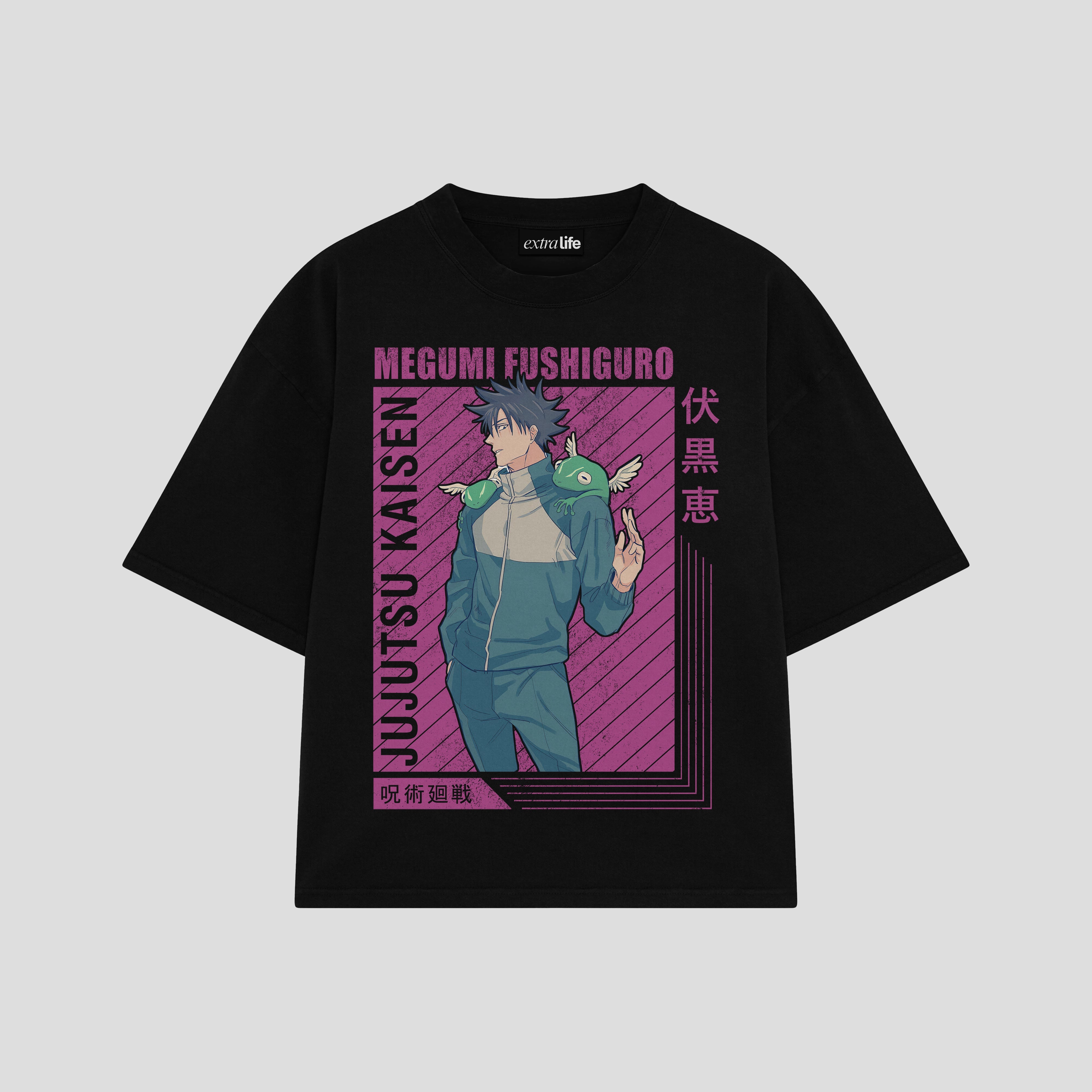 Playera streetwear premium de anime y gaming ExtraLife MX, corte boxy oversized drop shoulder heavyweight en color Deep Black y Off-White, moda urbana mexicana de culto.