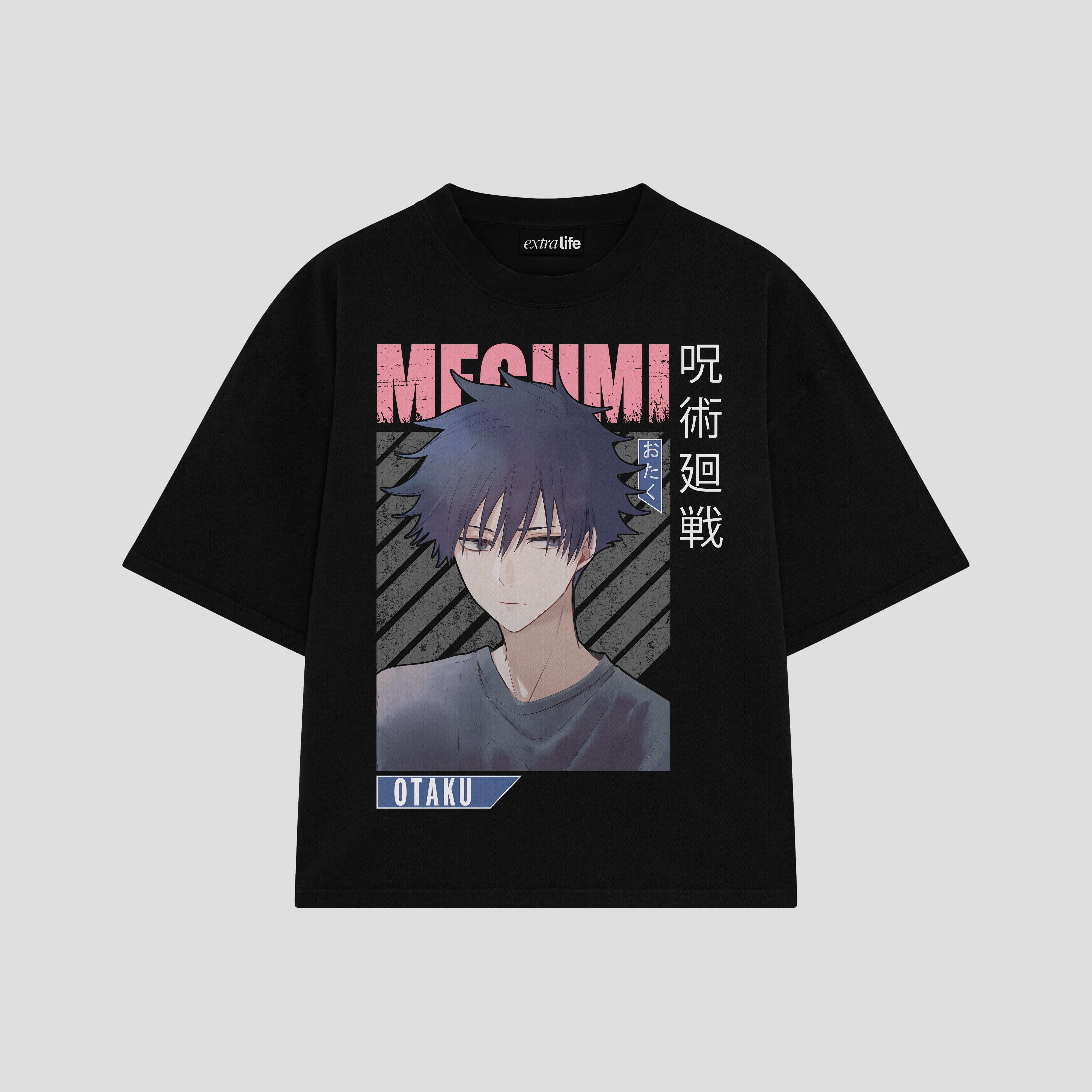 Playera streetwear premium de anime y gaming ExtraLife MX, corte boxy oversized drop shoulder heavyweight en color Deep Black y Off-White, moda urbana mexicana de culto.