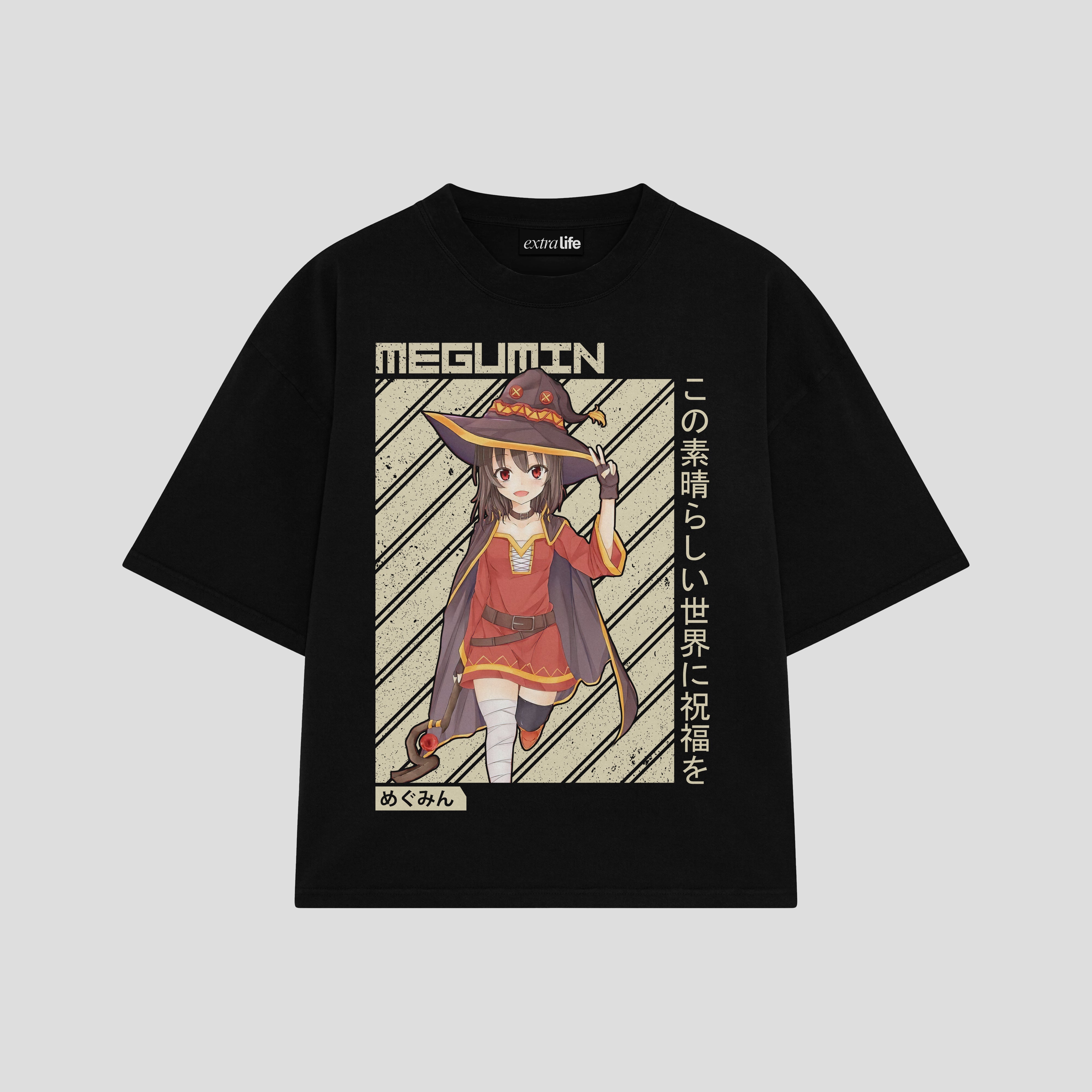 Playera streetwear premium de anime y gaming ExtraLife MX, corte boxy oversized drop shoulder heavyweight en color Deep Black y Off-White, moda urbana mexicana de culto.