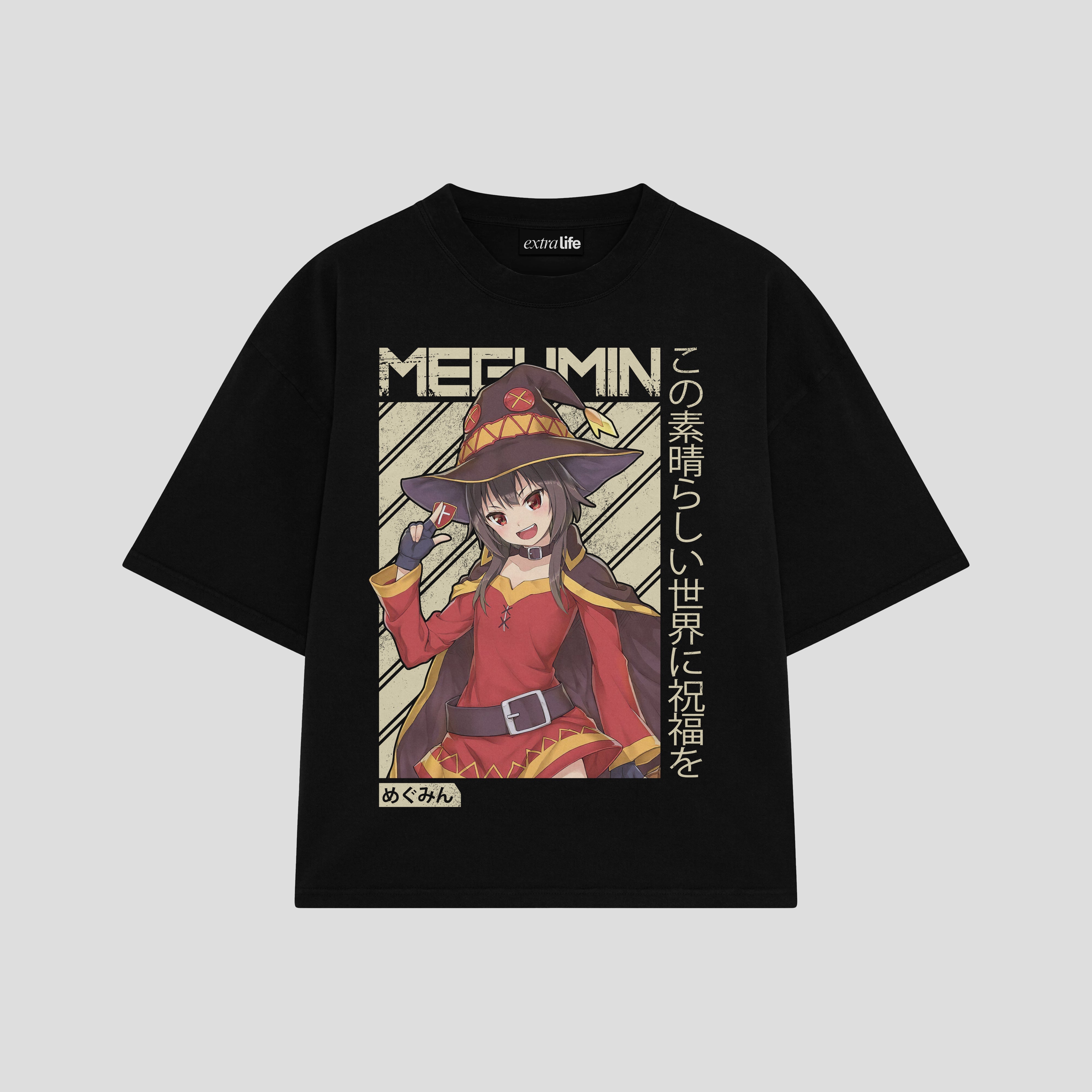 Playera streetwear premium de anime y gaming ExtraLife MX, corte boxy oversized drop shoulder heavyweight en color Deep Black y Off-White, moda urbana mexicana de culto.