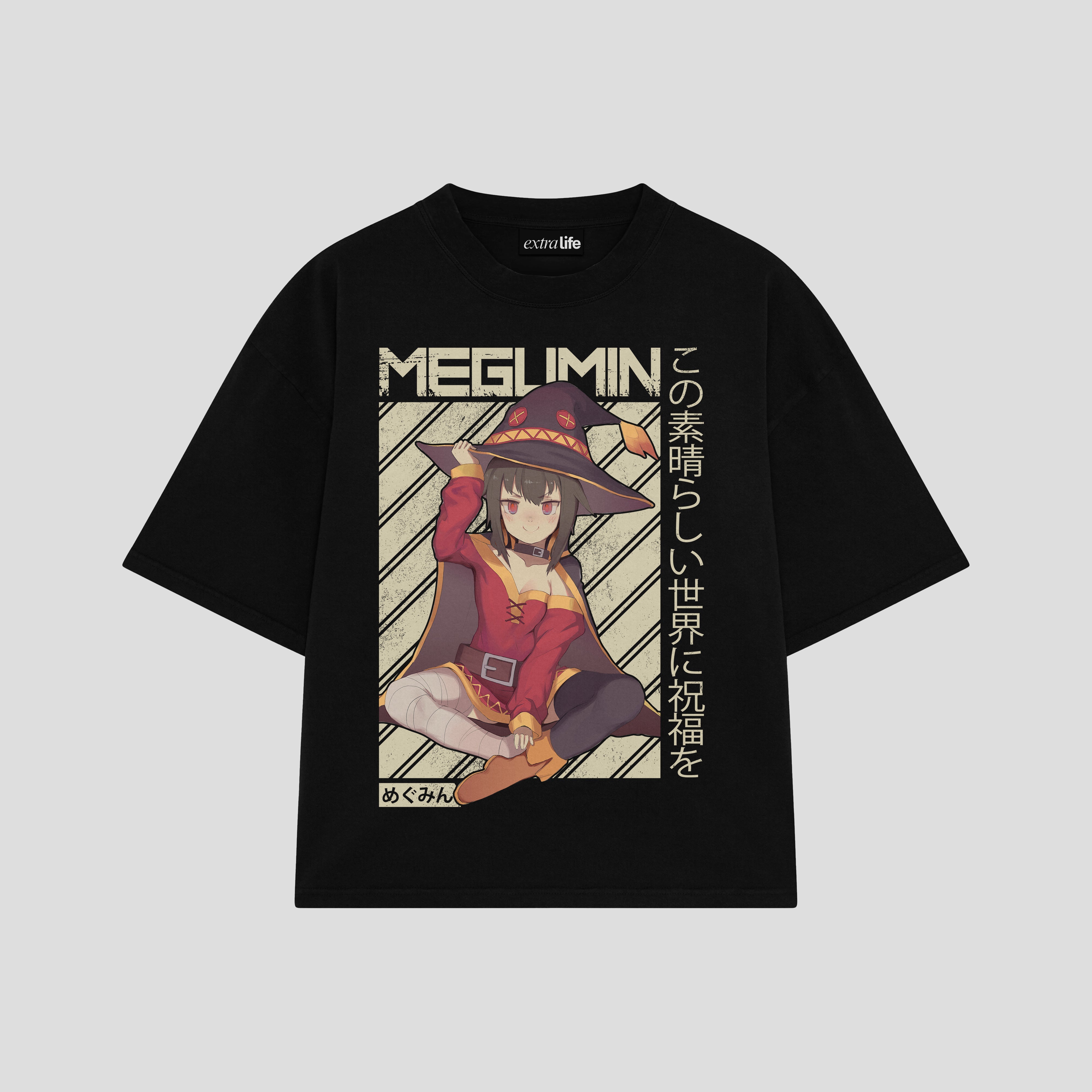 Playera streetwear premium de anime y gaming ExtraLife MX, corte boxy oversized drop shoulder heavyweight en color Deep Black y Off-White, moda urbana mexicana de culto.