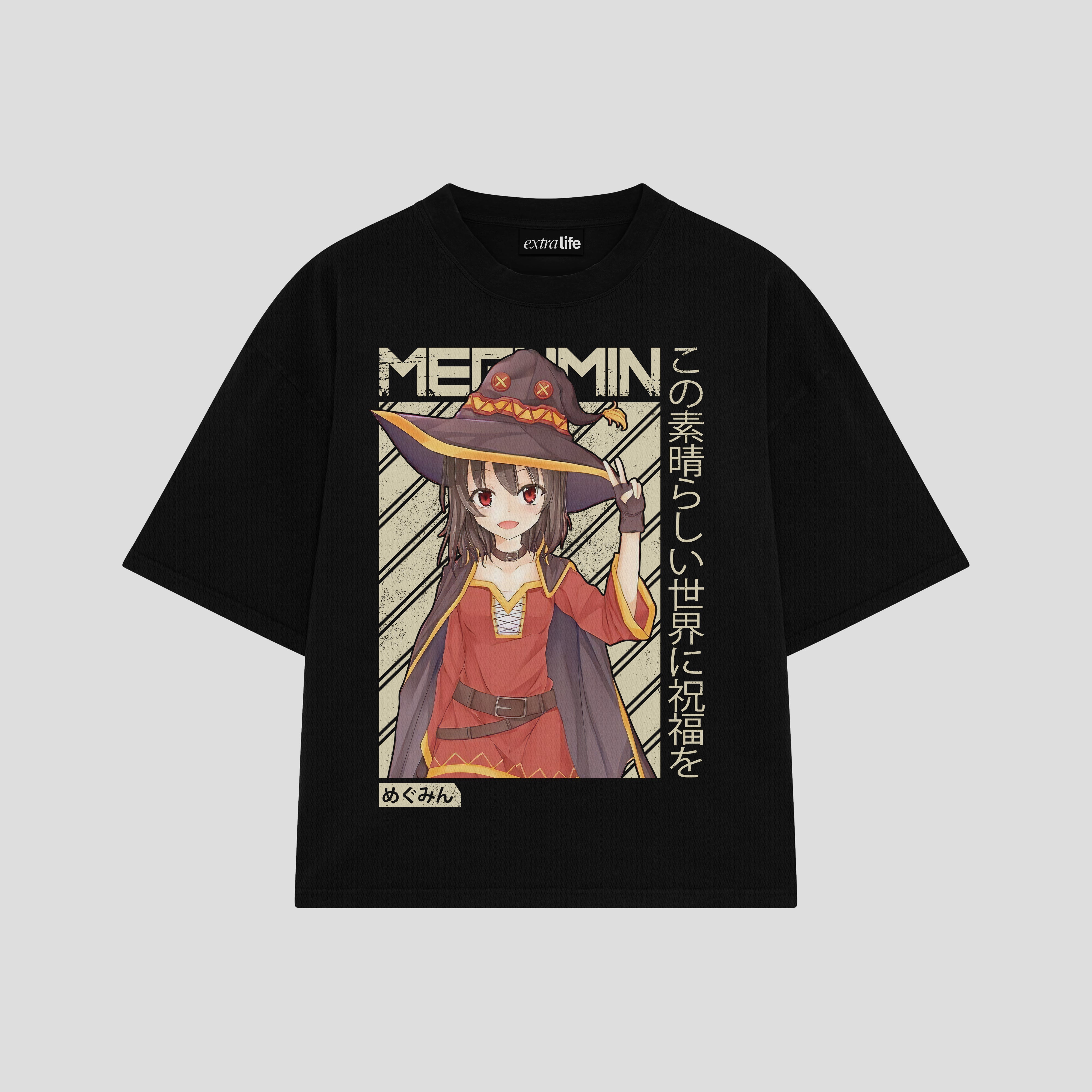 Playera streetwear premium de anime y gaming ExtraLife MX, corte boxy oversized drop shoulder heavyweight en color Deep Black y Off-White, moda urbana mexicana de culto.