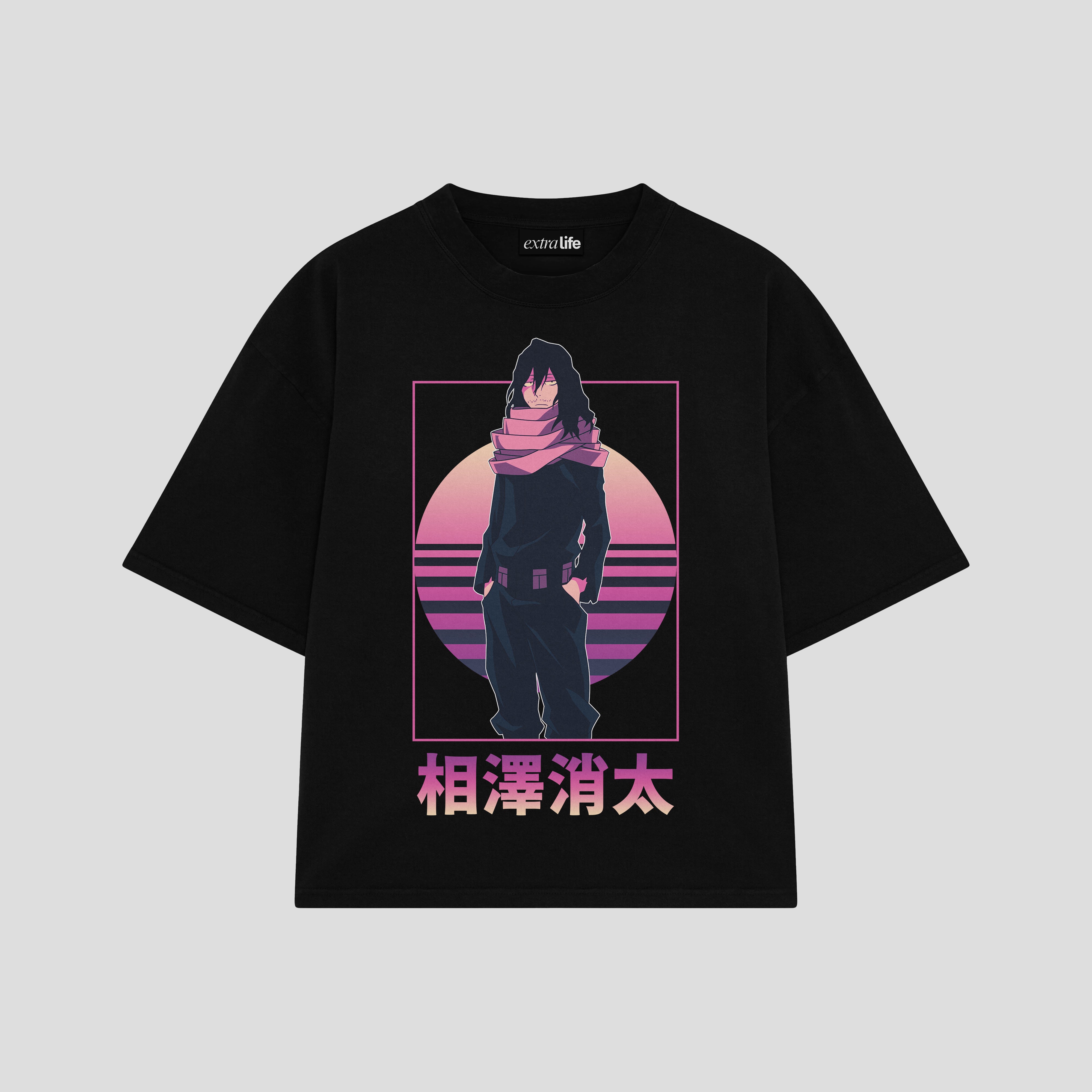Playera streetwear premium de anime y gaming ExtraLife MX, corte boxy oversized drop shoulder heavyweight en color Deep Black y Off-White, moda urbana mexicana de culto.