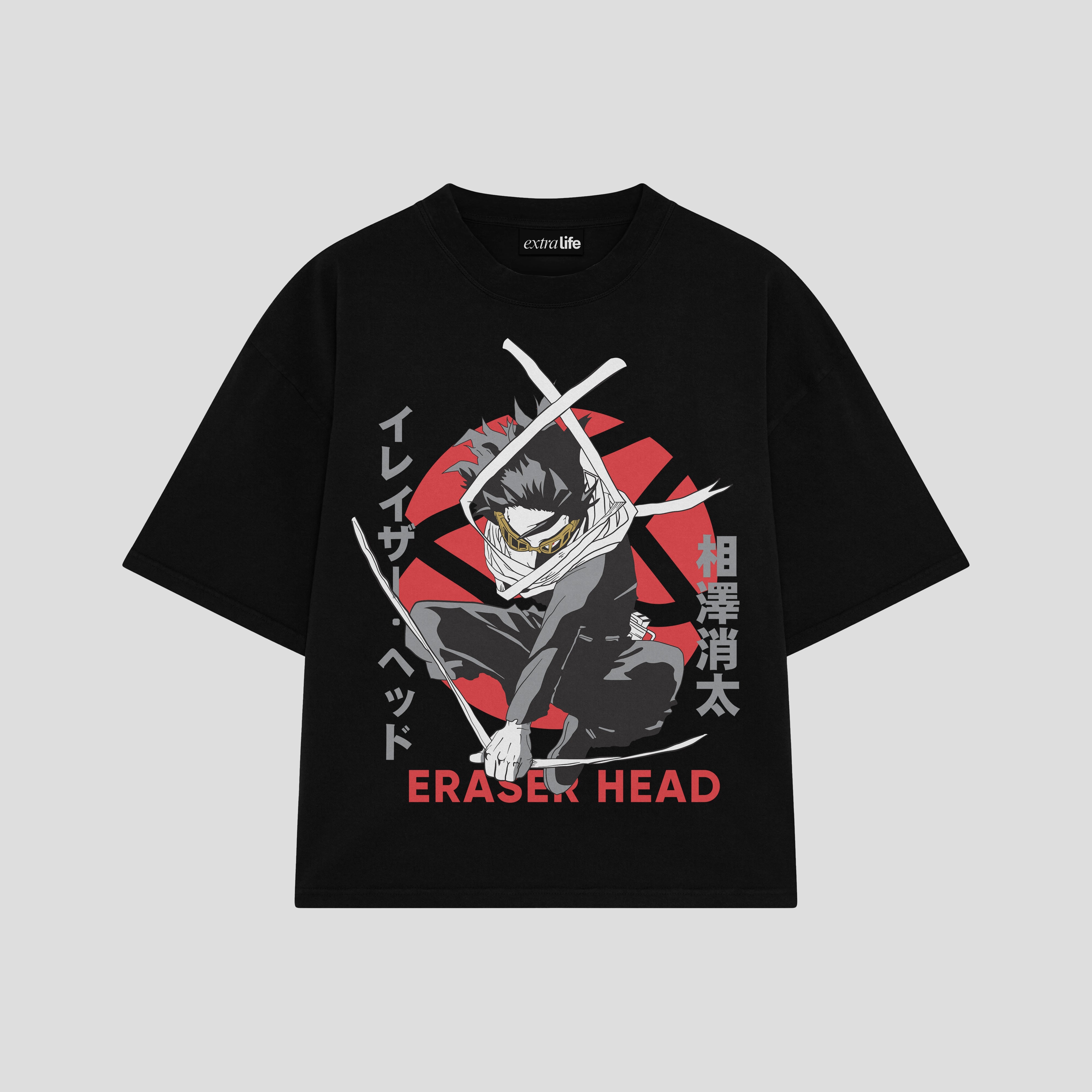 Playera streetwear premium de anime y gaming ExtraLife MX, corte boxy oversized drop shoulder heavyweight en color Deep Black y Off-White, moda urbana mexicana de culto.