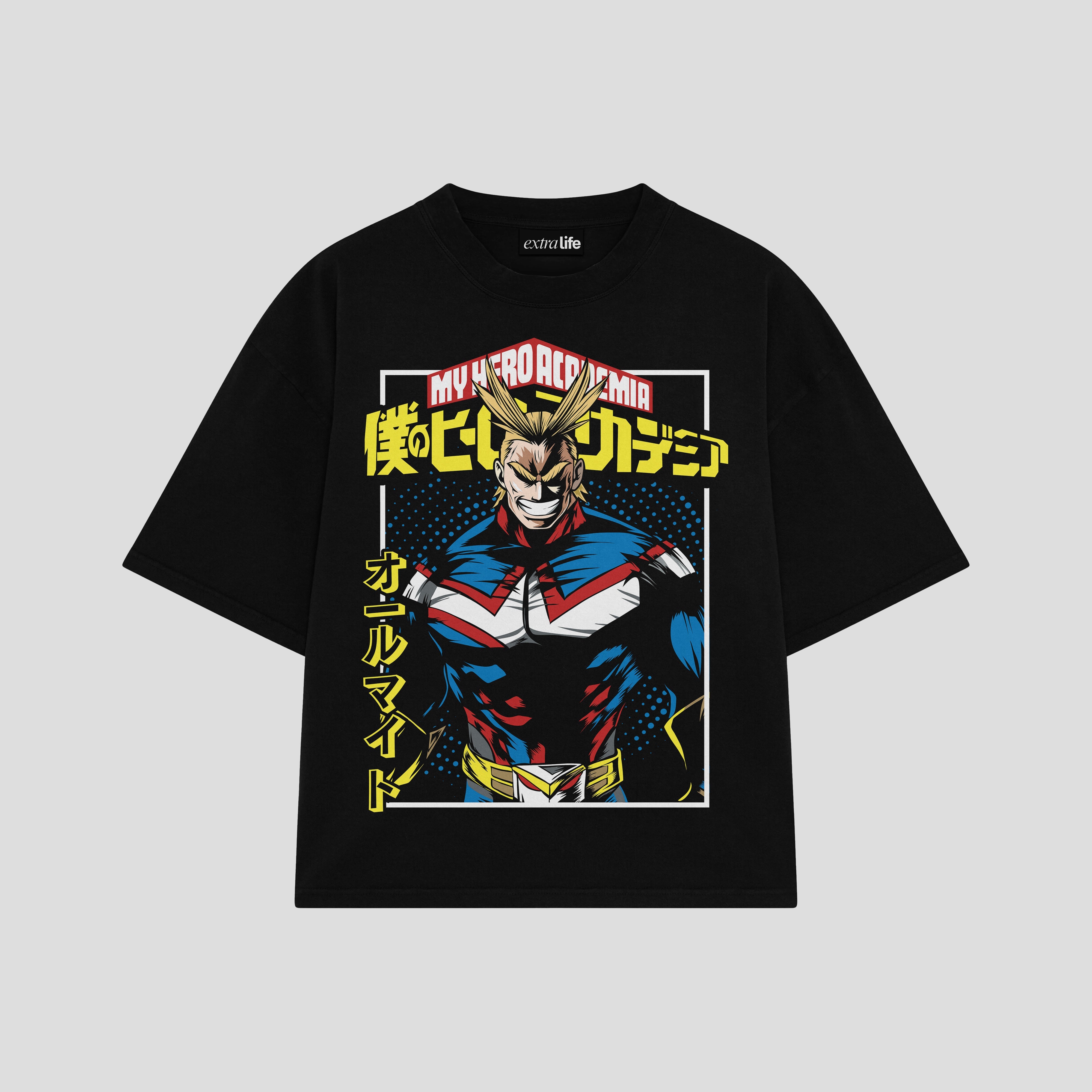 Playera streetwear premium de anime y gaming ExtraLife MX, corte boxy oversized drop shoulder heavyweight en color Deep Black y Off-White, moda urbana mexicana de culto.
