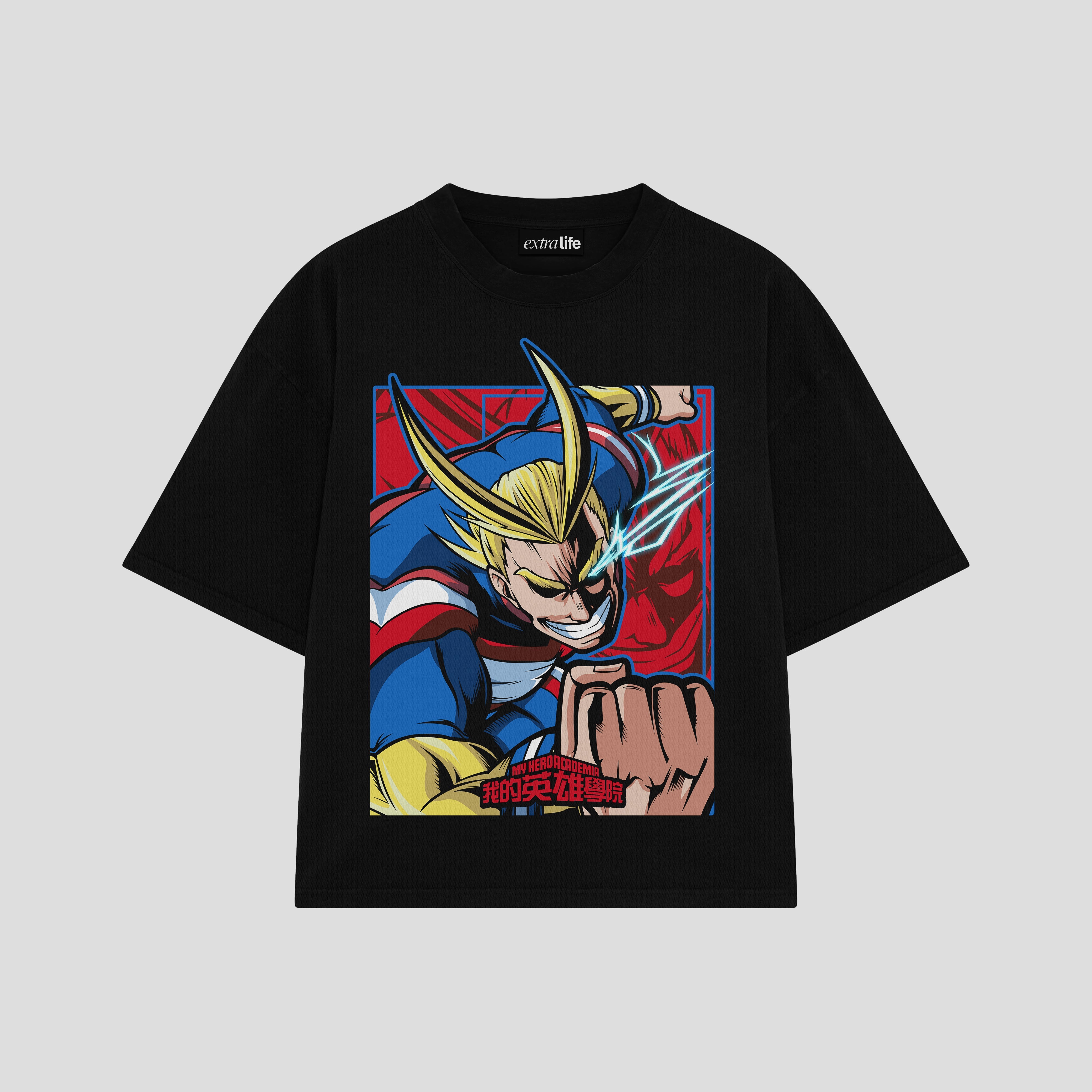 Playera streetwear premium de anime y gaming ExtraLife MX, corte boxy oversized drop shoulder heavyweight en color Deep Black y Off-White, moda urbana mexicana de culto.