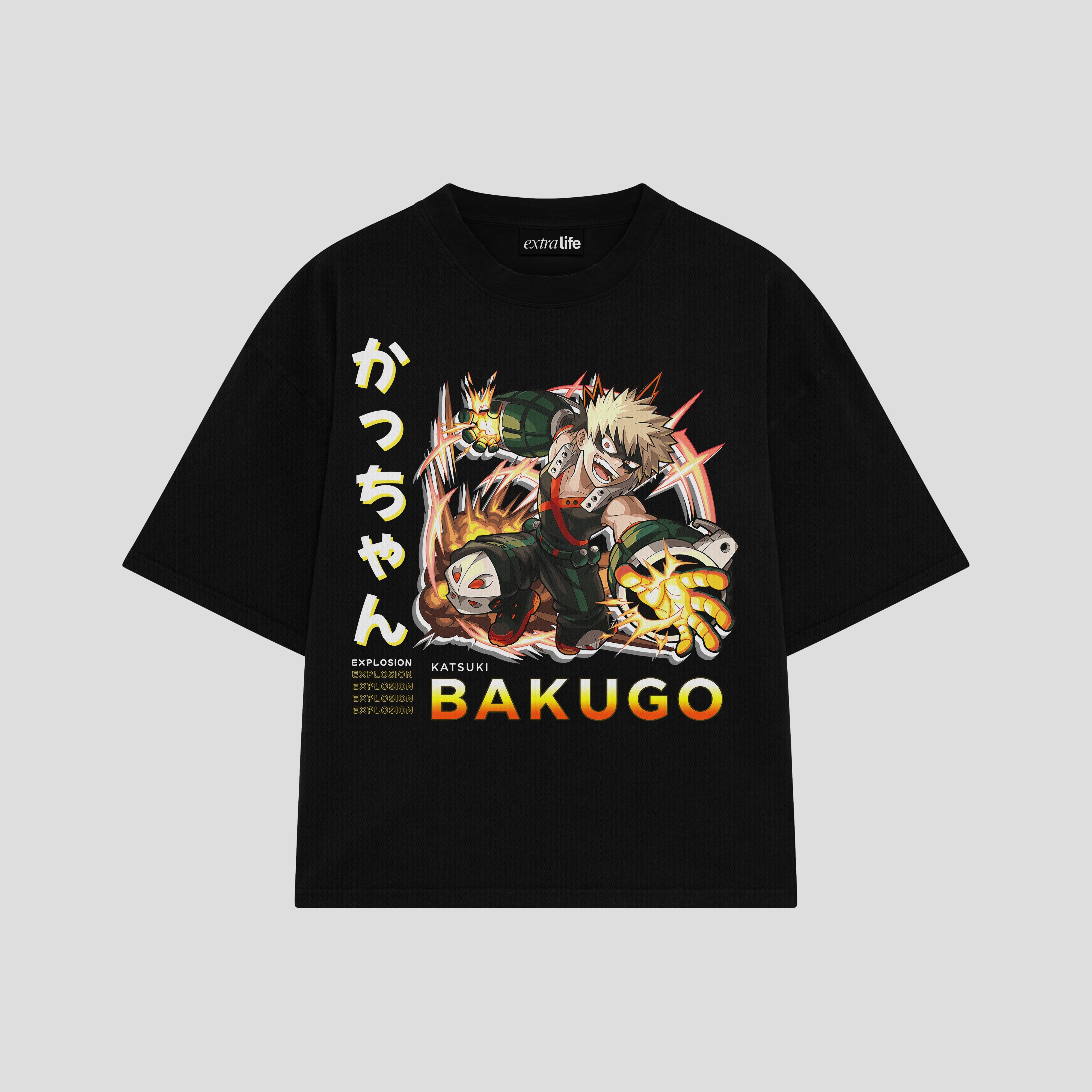 Playera streetwear premium de anime y gaming ExtraLife MX, corte boxy oversized drop shoulder heavyweight en color Deep Black y Off-White, moda urbana mexicana de culto.