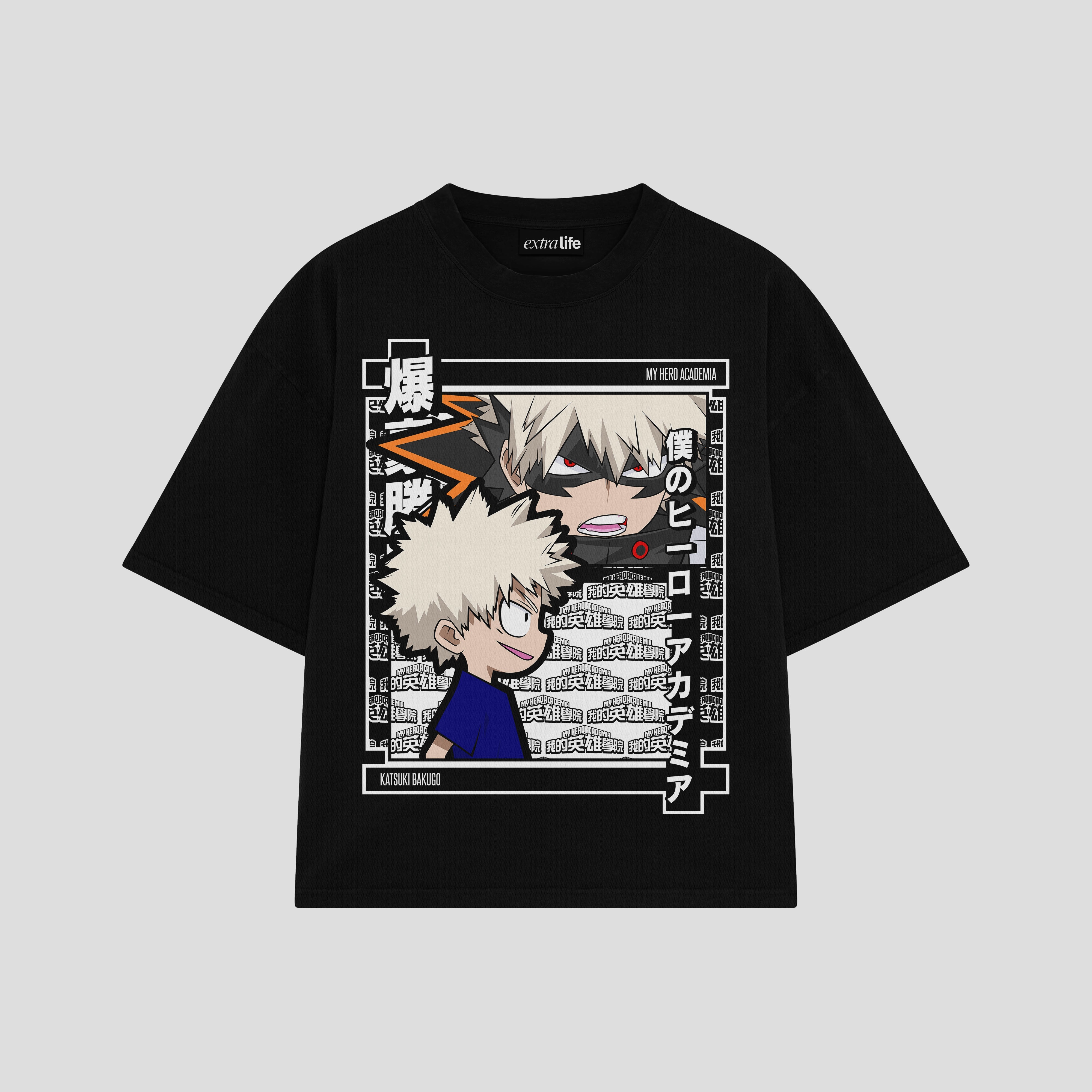 Playera streetwear premium de anime y gaming ExtraLife MX, corte boxy oversized drop shoulder heavyweight en color Deep Black y Off-White, moda urbana mexicana de culto.