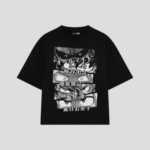 Playera streetwear premium de anime y gaming ExtraLife MX, corte boxy oversized drop shoulder heavyweight en color Deep Black y Off-White, moda urbana mexicana de culto.
