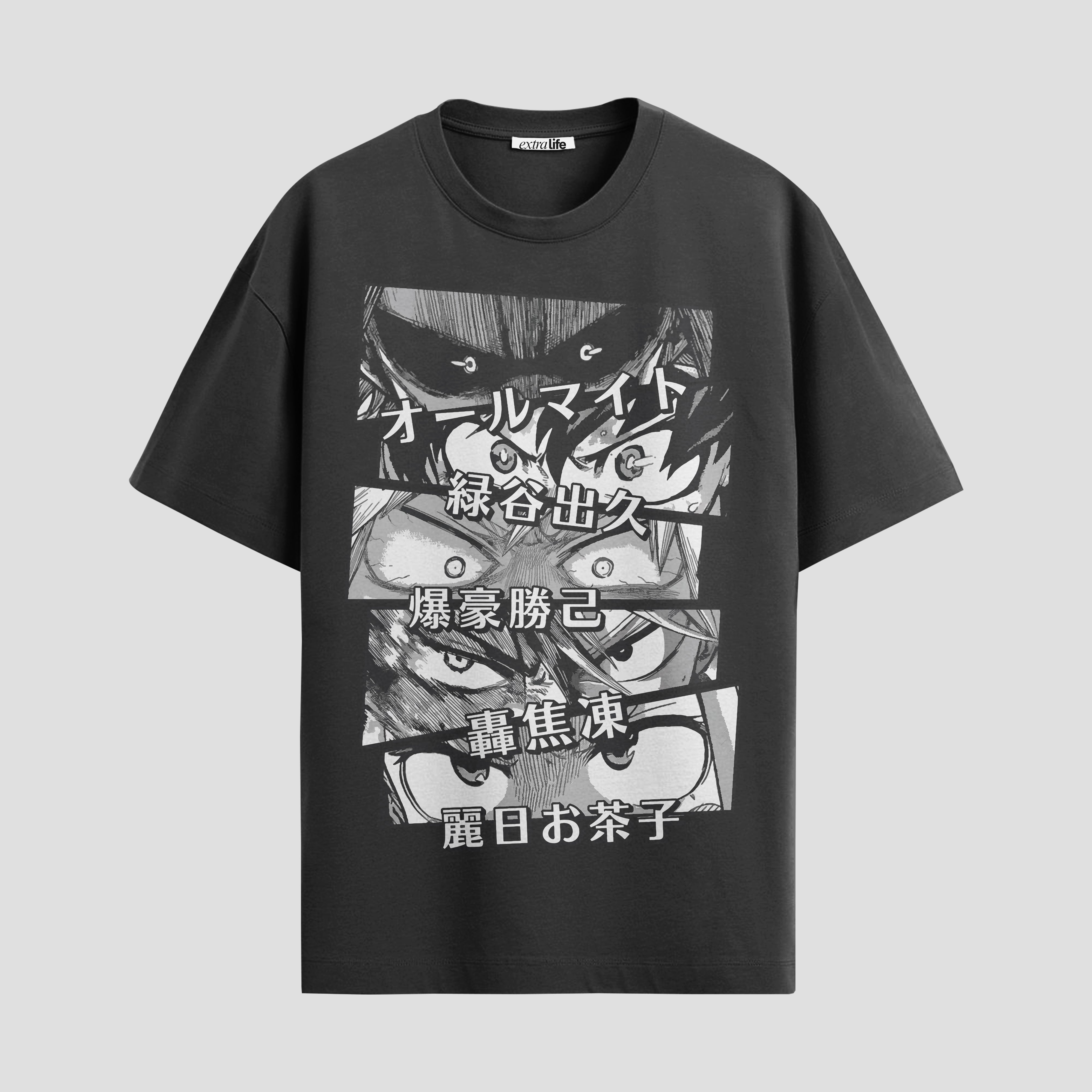 Playera urbana de anime y gaming ExtraLife MX, corte Standard Fit unisex ligero y transpirable en color Deep Black y Pure White, ropa de uso diario para gym y casual.