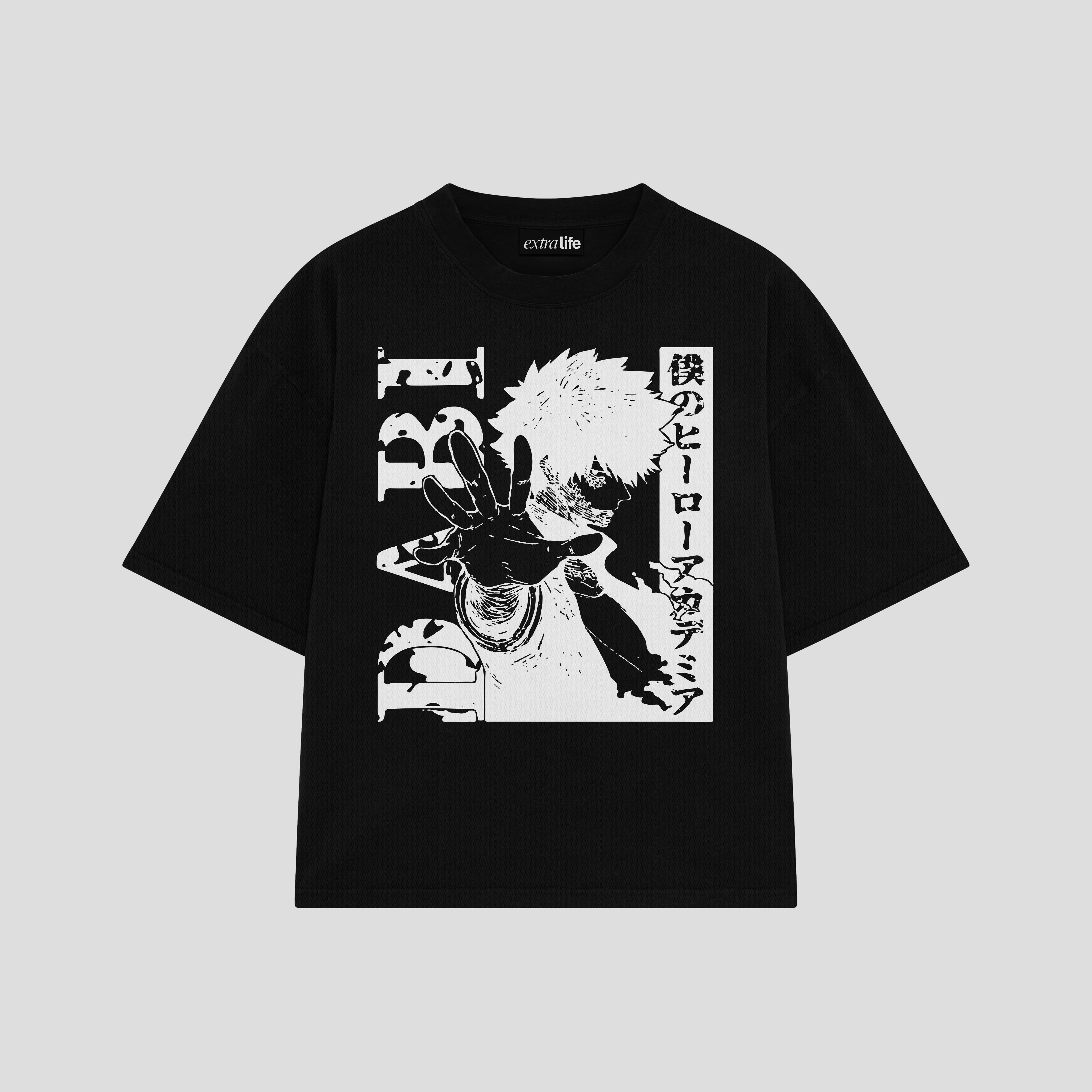 Playera streetwear premium de anime y gaming ExtraLife MX, corte boxy oversized drop shoulder heavyweight en color Deep Black y Off-White, moda urbana mexicana de culto.