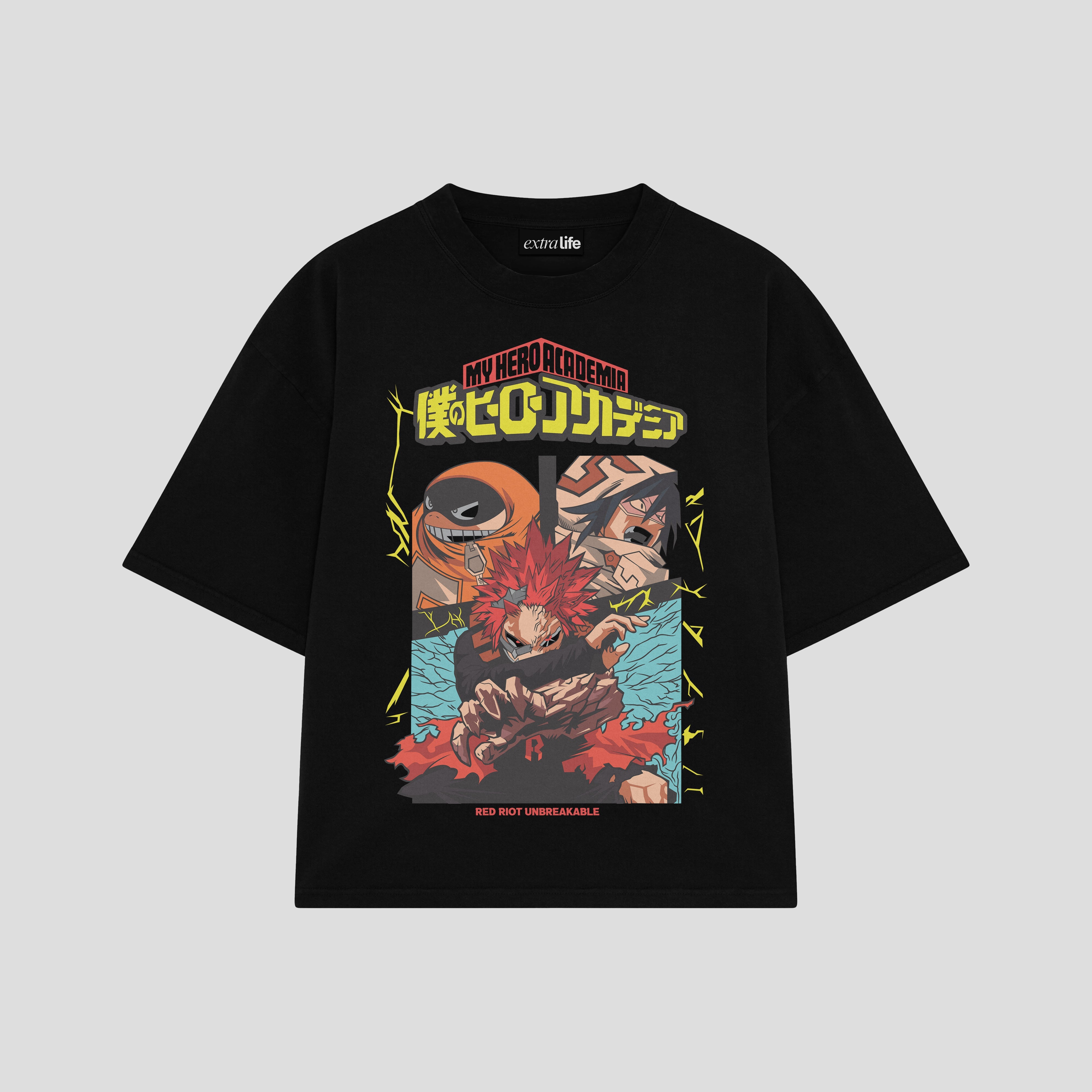 Playera streetwear premium de anime y gaming ExtraLife MX, corte boxy oversized drop shoulder heavyweight en color Deep Black y Off-White, moda urbana mexicana de culto.