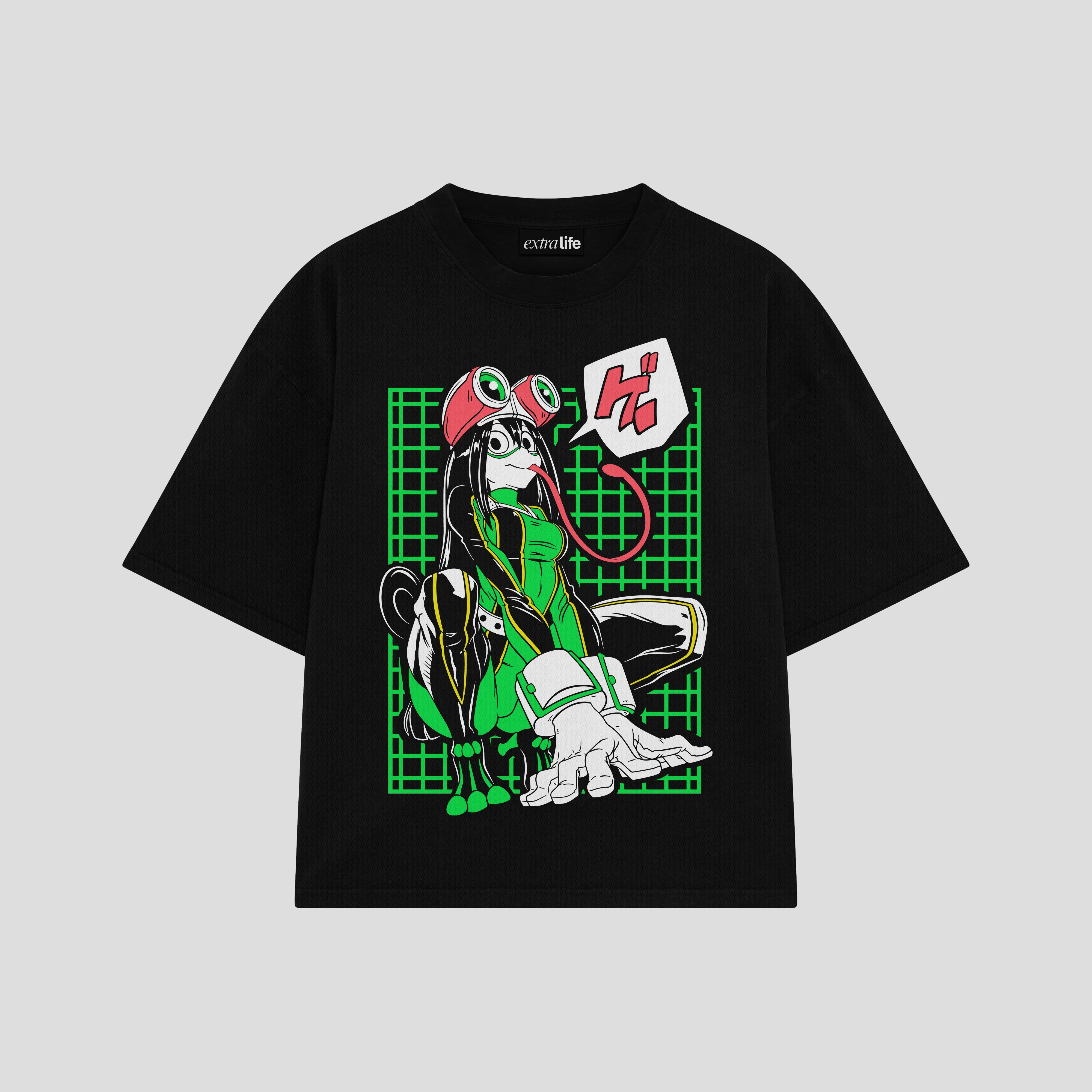 Playera streetwear premium de anime y gaming ExtraLife MX, corte boxy oversized drop shoulder heavyweight en color Deep Black y Off-White, moda urbana mexicana de culto.