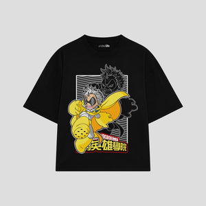 Playera streetwear premium de anime y gaming ExtraLife MX, corte boxy oversized drop shoulder heavyweight en color Deep Black y Off-White, moda urbana mexicana de culto.