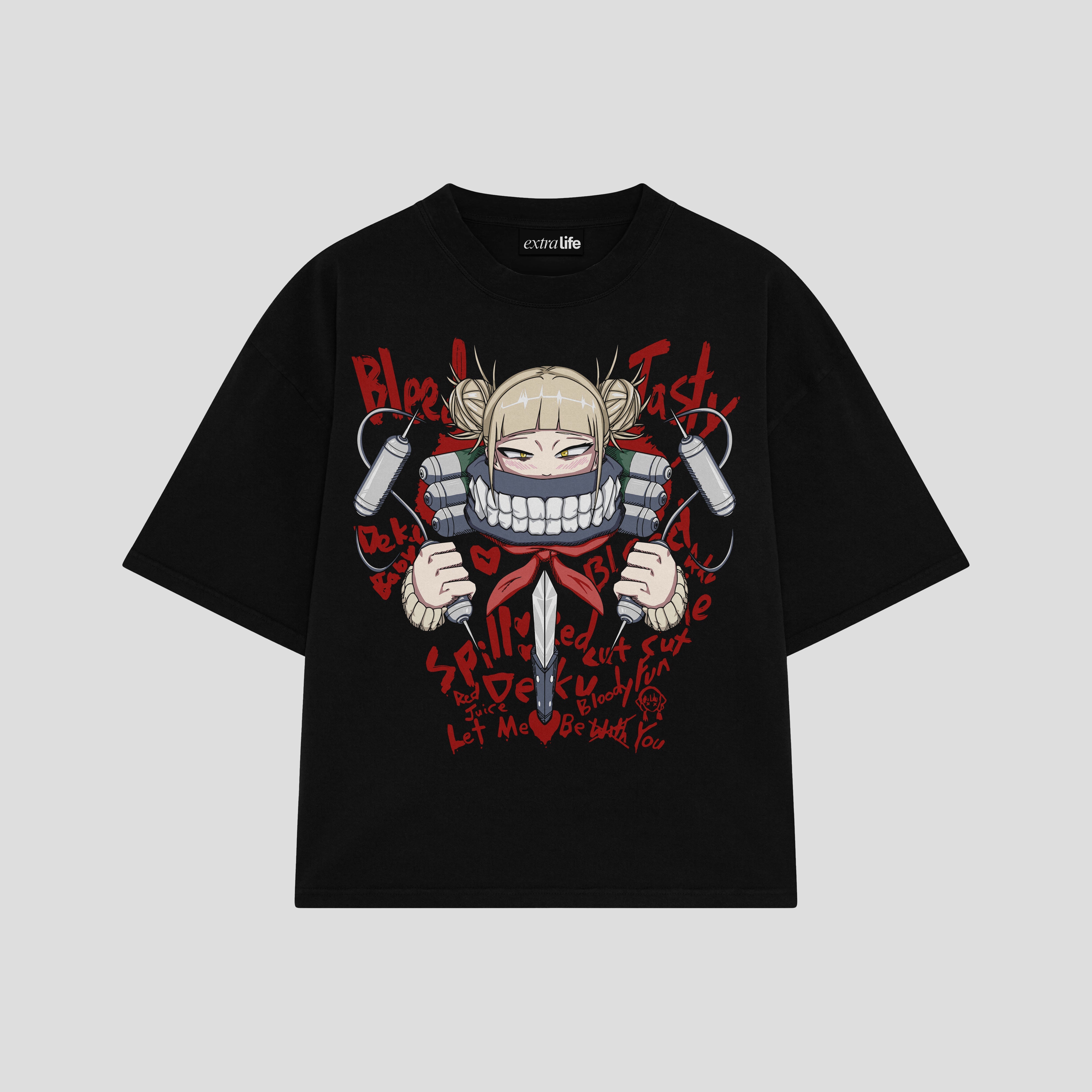 Playera streetwear premium de anime y gaming ExtraLife MX, corte boxy oversized drop shoulder heavyweight en color Deep Black y Off-White, moda urbana mexicana de culto.