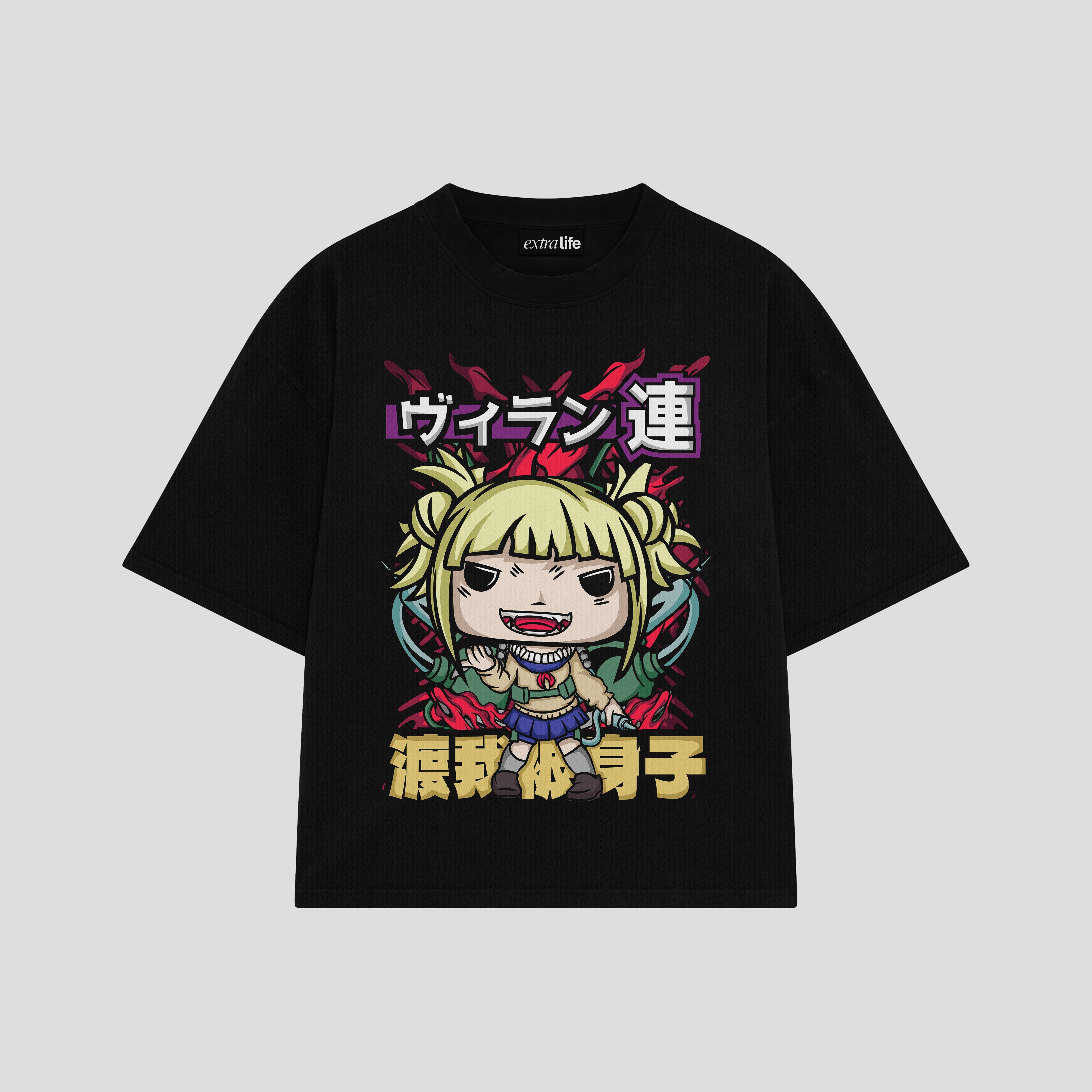 Playera streetwear premium de anime y gaming ExtraLife MX, corte boxy oversized drop shoulder heavyweight en color Deep Black y Off-White, moda urbana mexicana de culto.